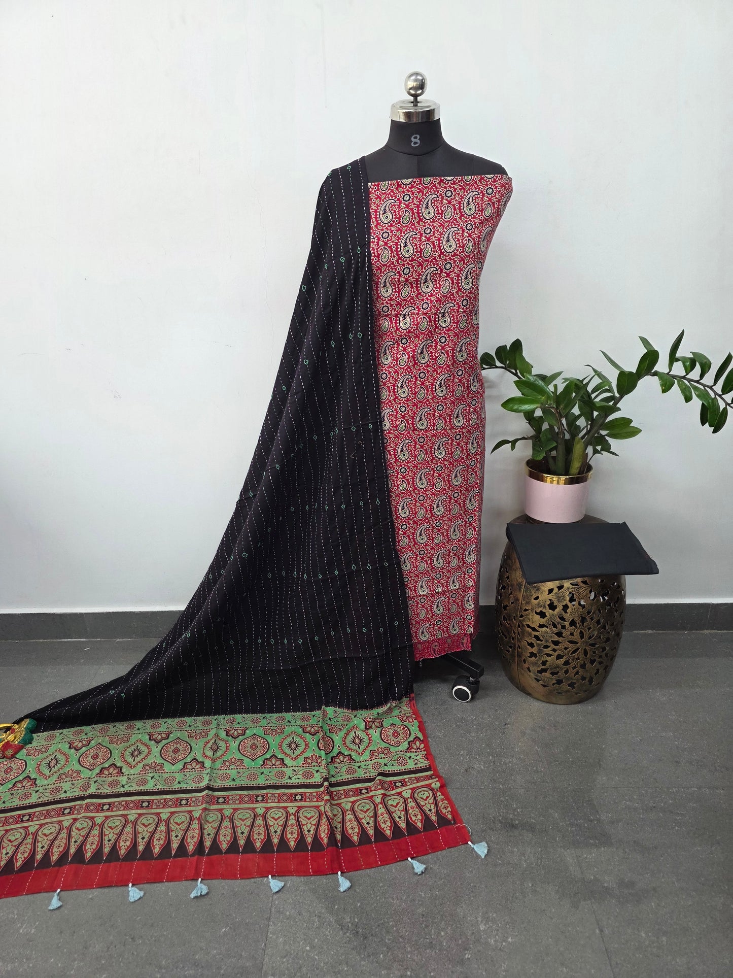 Handcrafted ajrakh cotton top with kantha work cotton shawl - BAA64