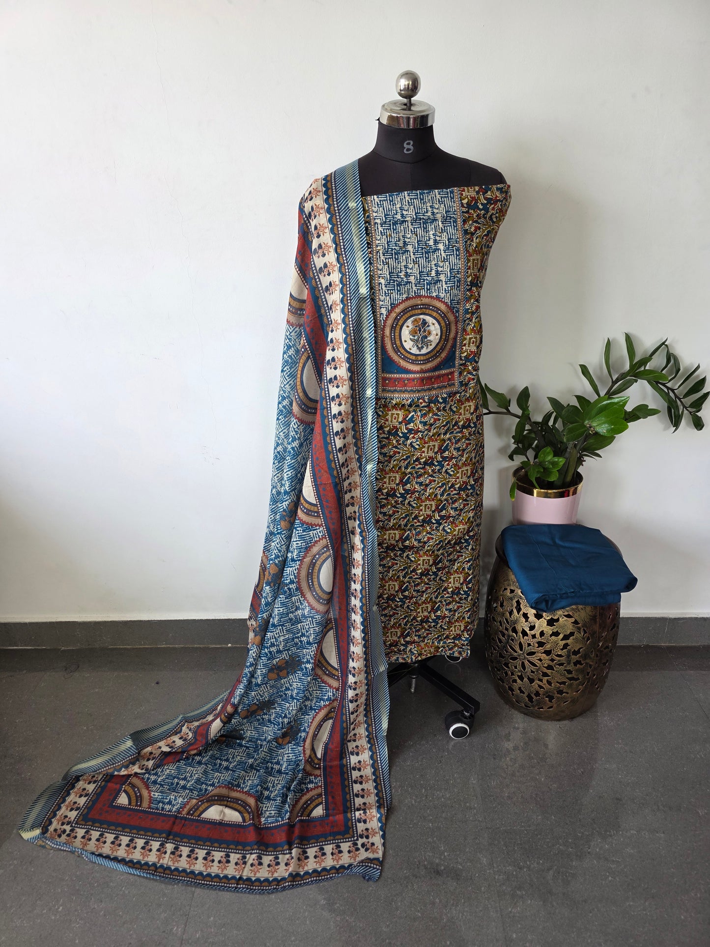 Premium Pure ajrakh cotton with Kalamkari handwork yoke salwar - AS23