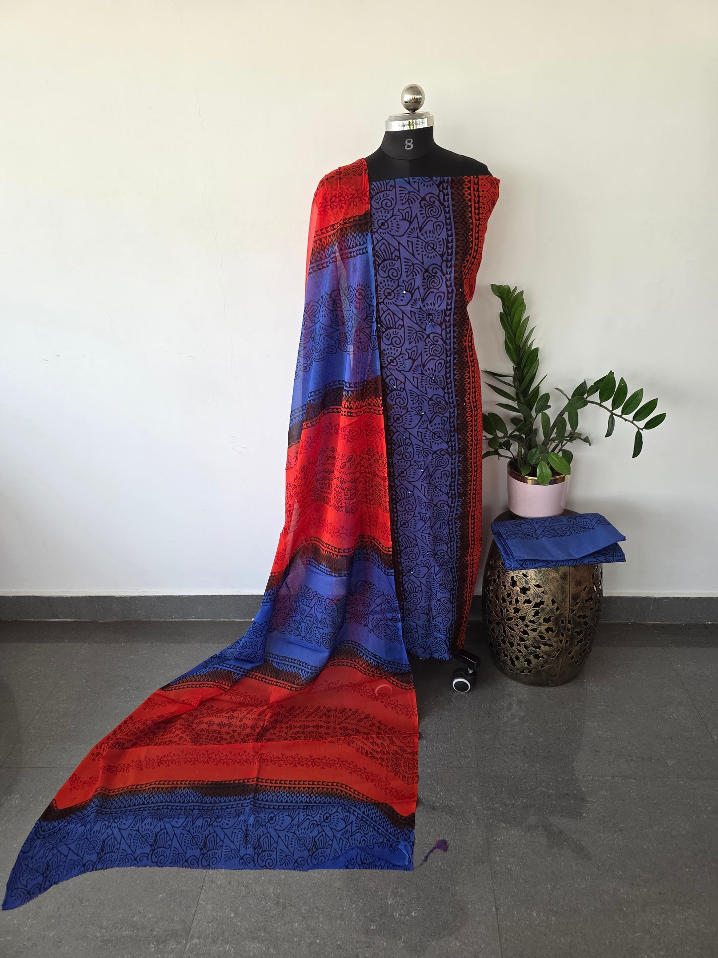 Handblock georgette salwar set with handwork mirror work- GE67