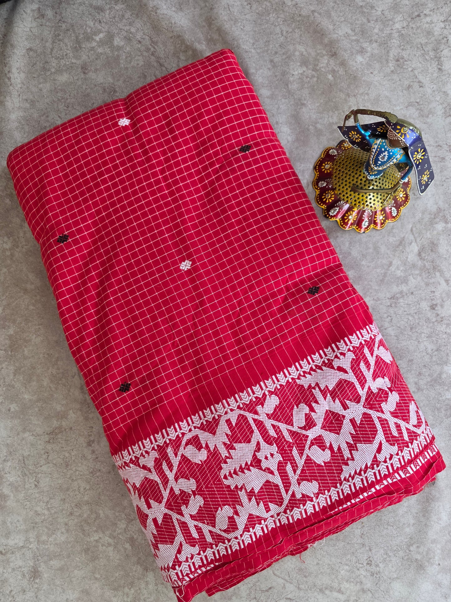 Prewashed Jamdhani Checked Pure handloom cotton running material (0.5 mtrs) - HRM102