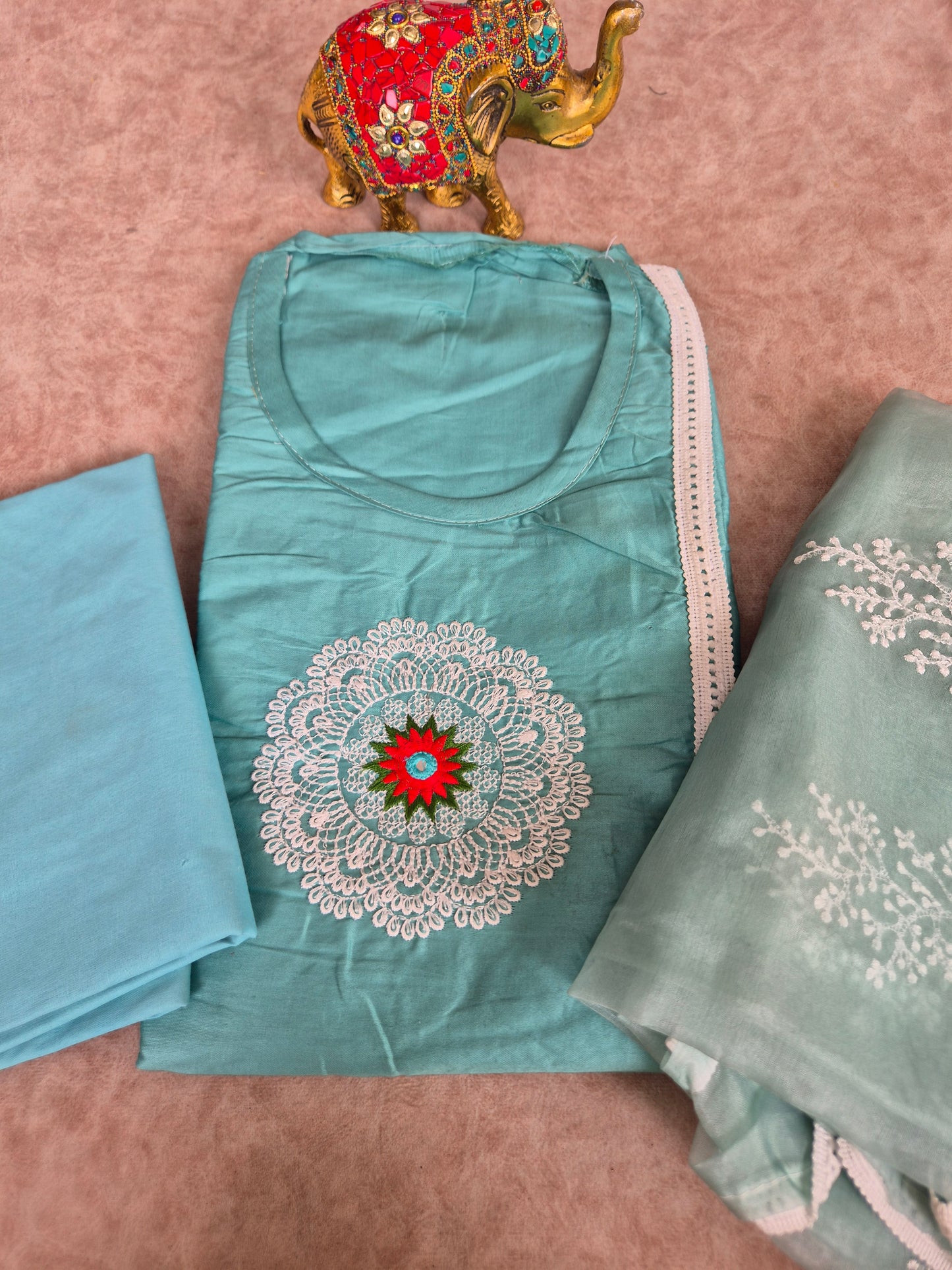 Embroidery satin cotton set with organza silk shawl