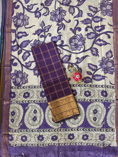Handloom checked mangalagiri pattu top with chennuri kalamkari duppatta-AK614