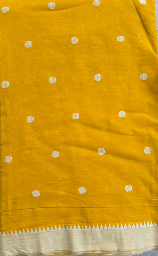 Pure handloom cotton with polka dots with temple border running material ( 2.50 mtrs )- yellow