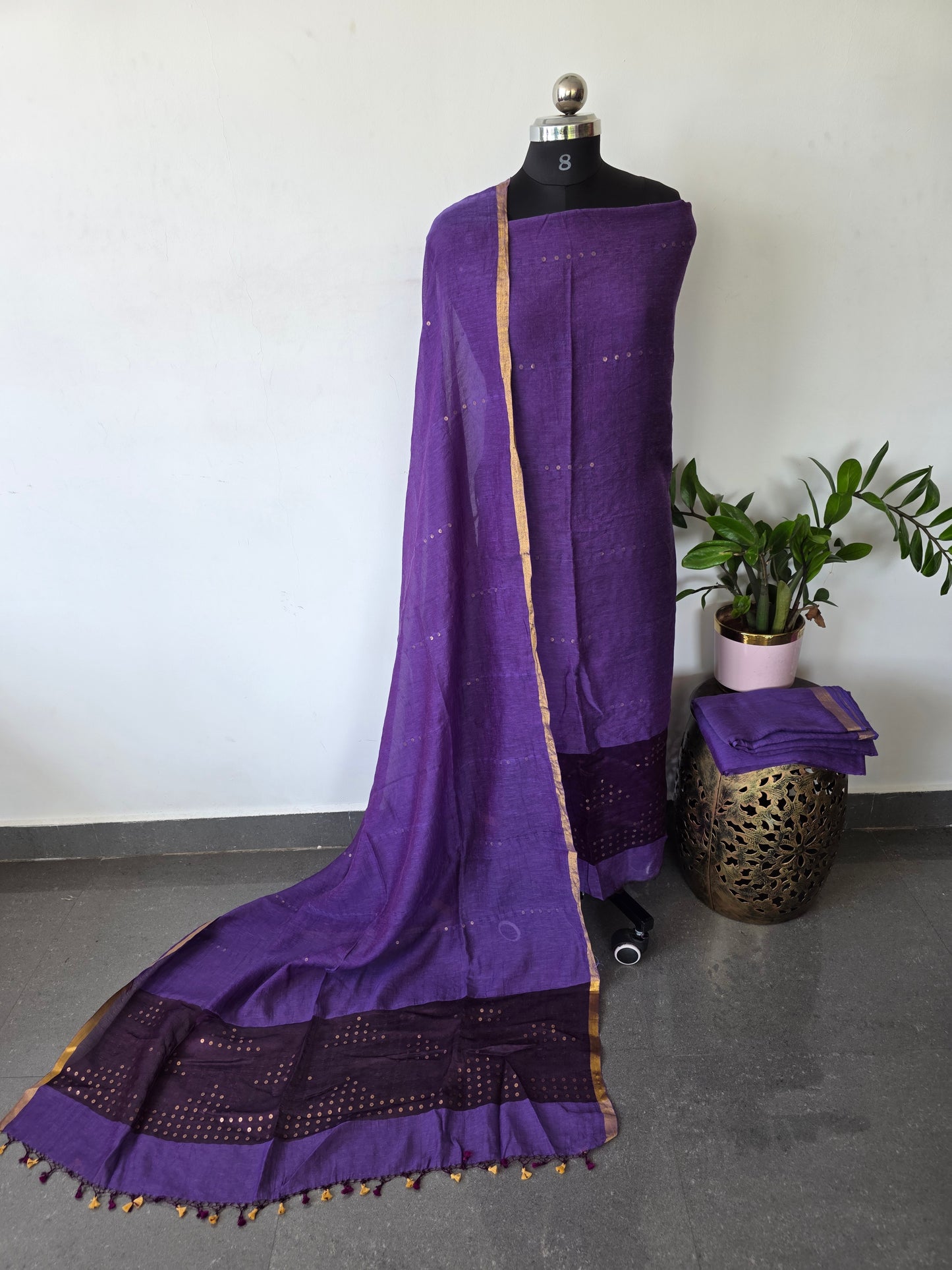 Handloom Gini silk matka pocket sequence jamdhani set (3 pc) - JMM315