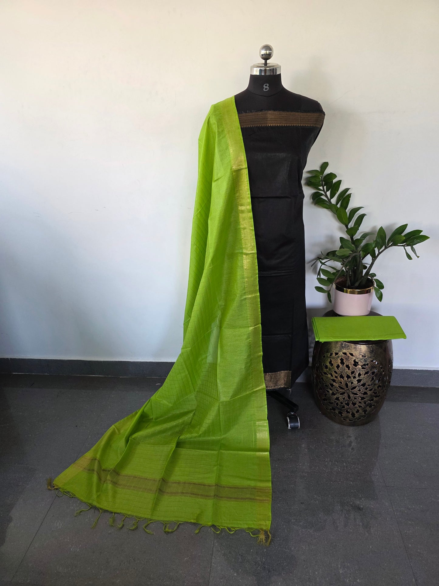 Bhagalpuri fusion mangalagiri silk set (black) - BA166