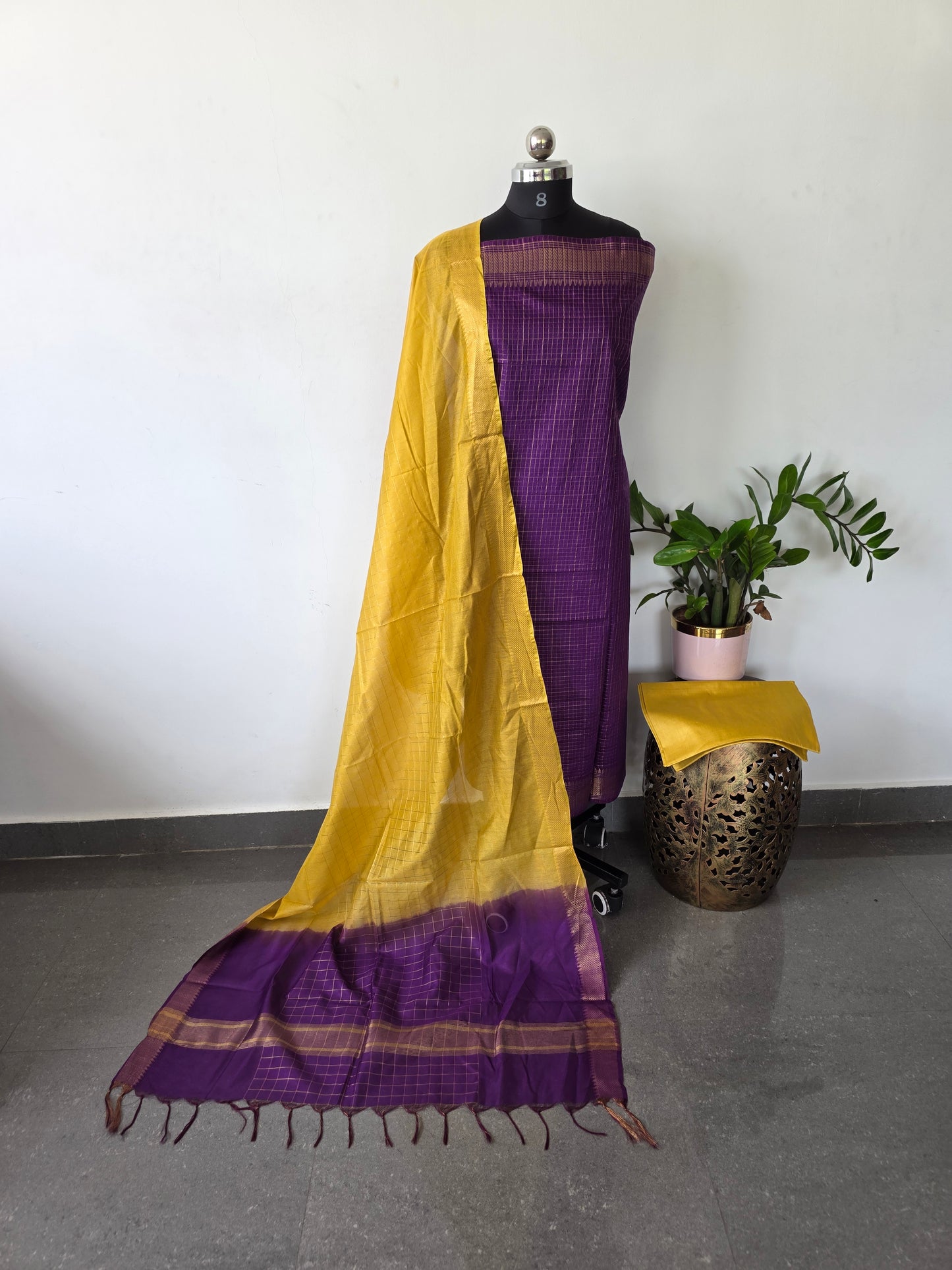 Checked Bhagalpuri fusion mangalagiri silk set - BA322