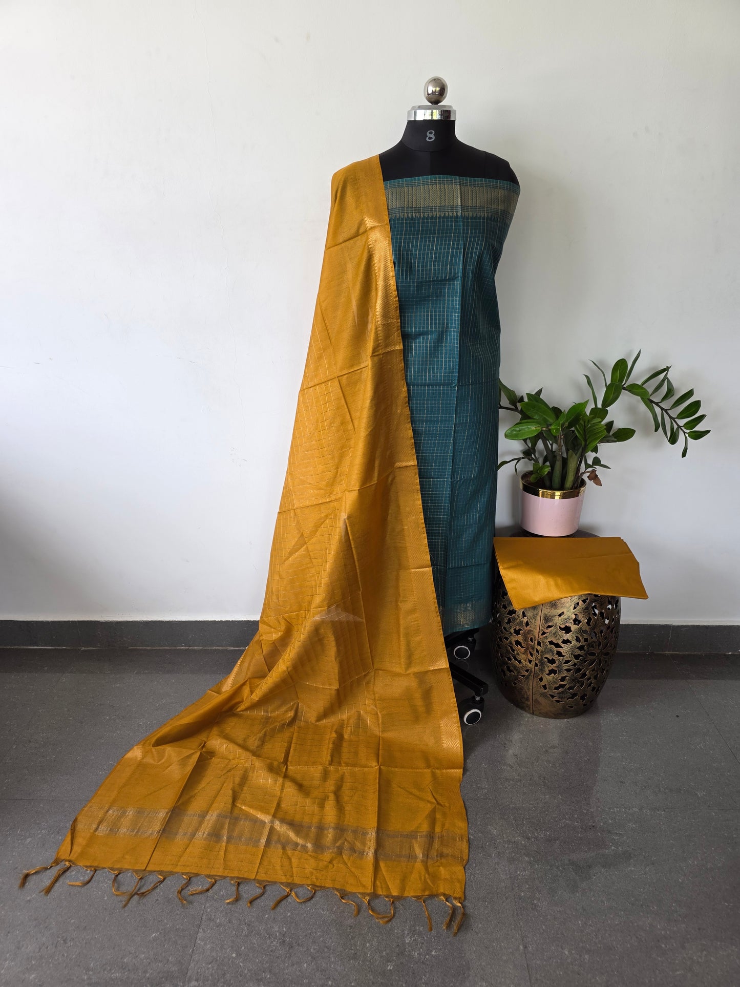 Checked Bhagalpuri fusion mangalagiri silk set - BA326