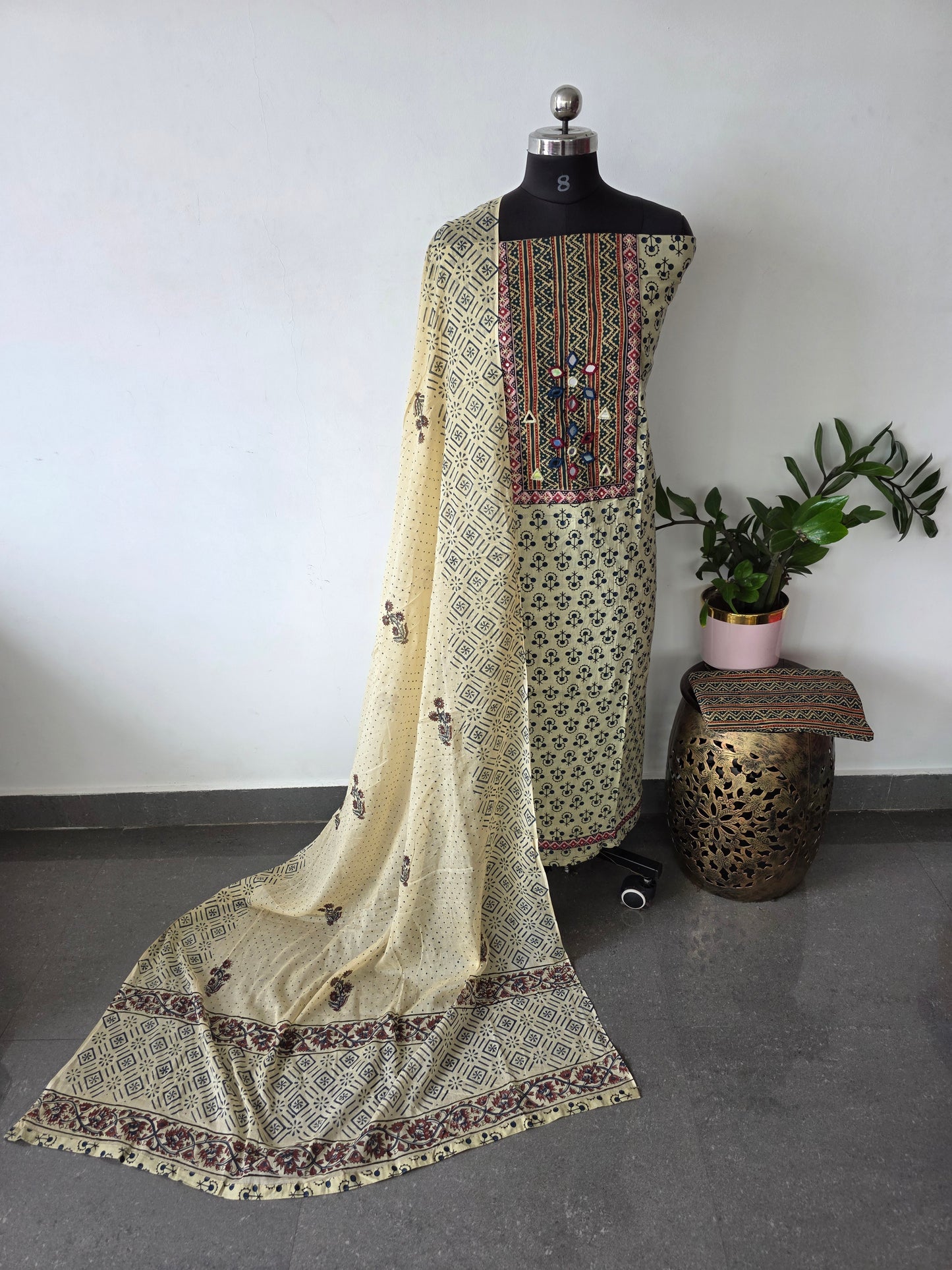 Premium kutch mirror work top with ajrakh cotton salwar set - AS43