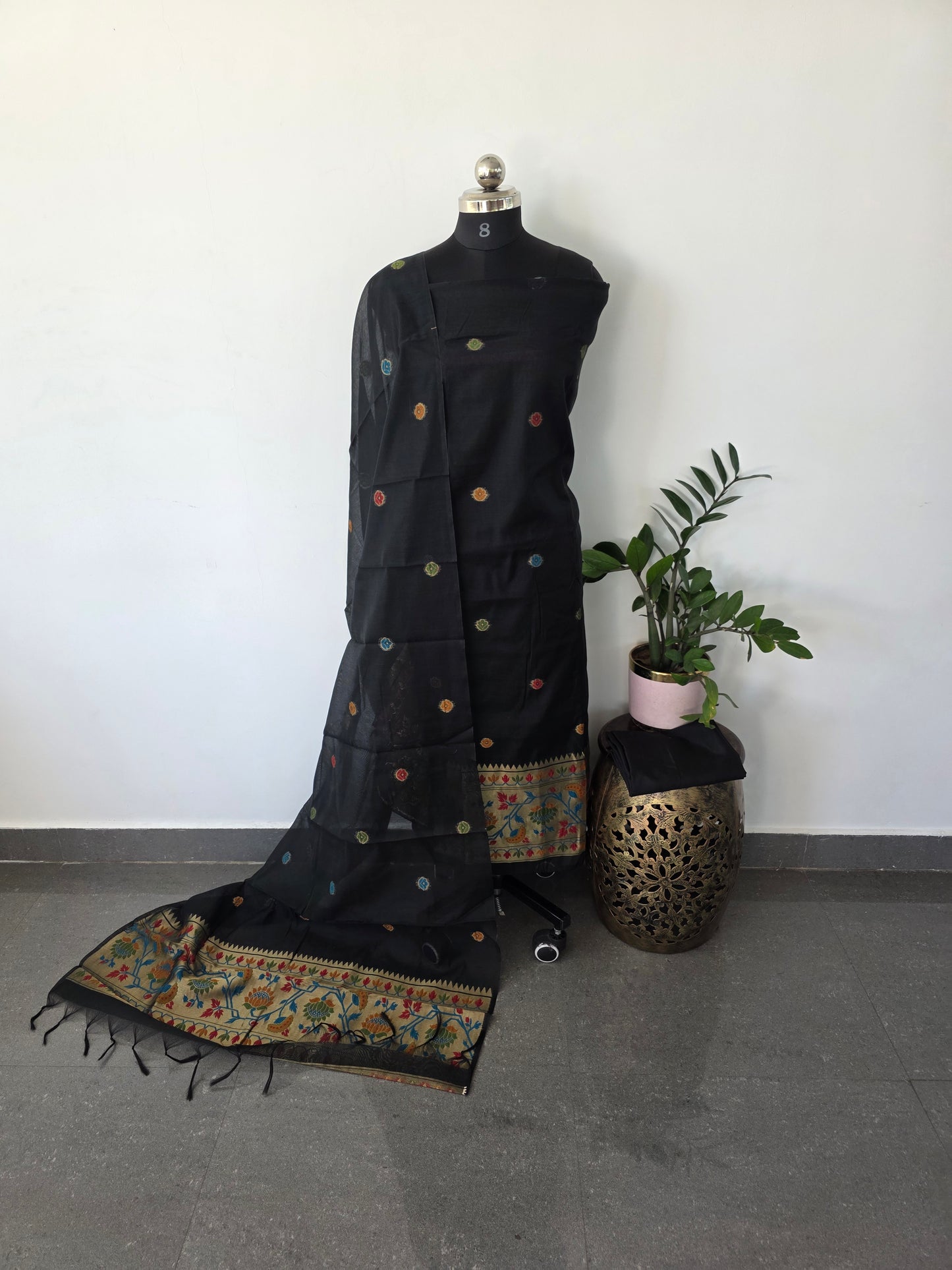 Premium jamdhani paithani silk cotton set (black)- X14