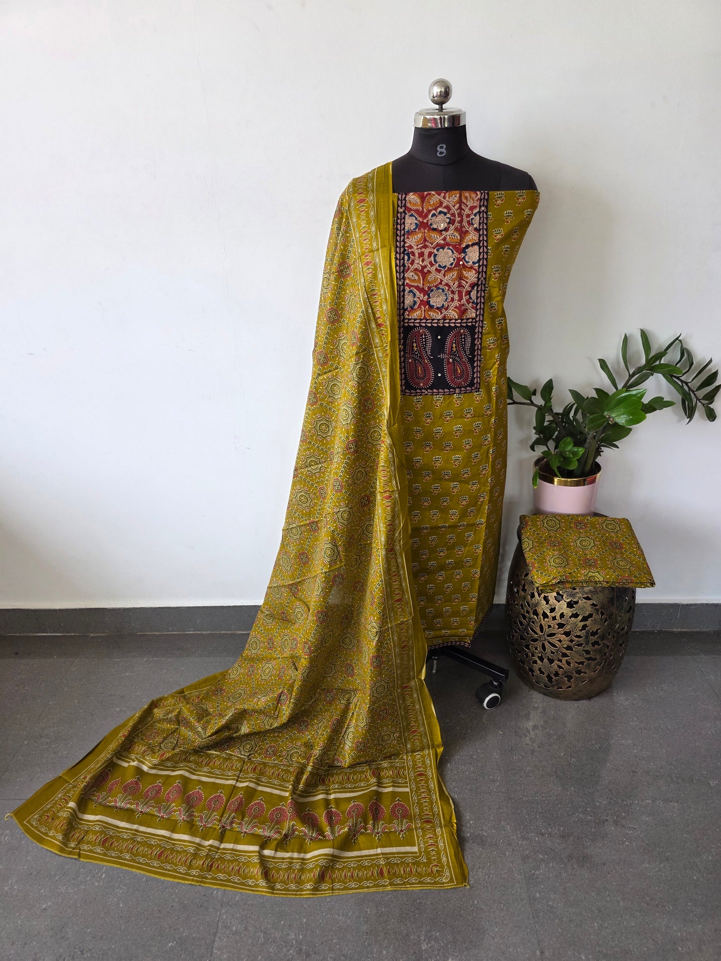 Premium Pure ajrakh cotton with gamthi neck work salwar - AS26