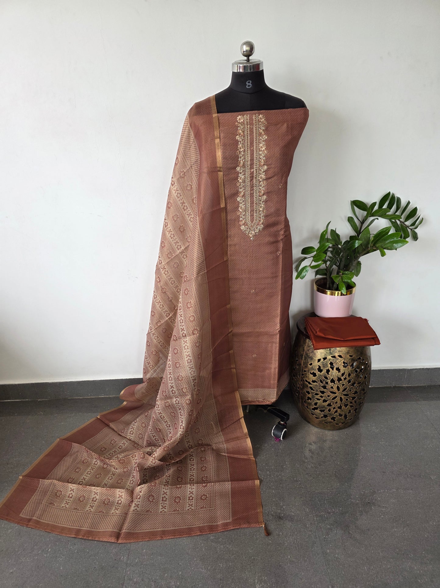 Premium tissue silk set with embroidery neck work - CLA343
