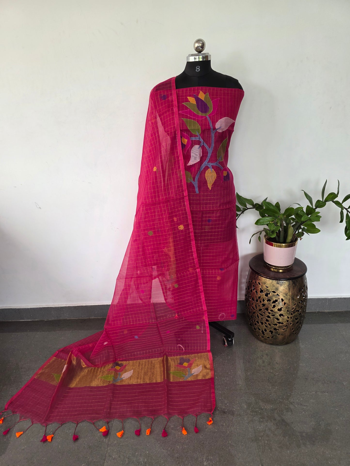Checked Handloom muslin paithani jamdhani set - JMM372