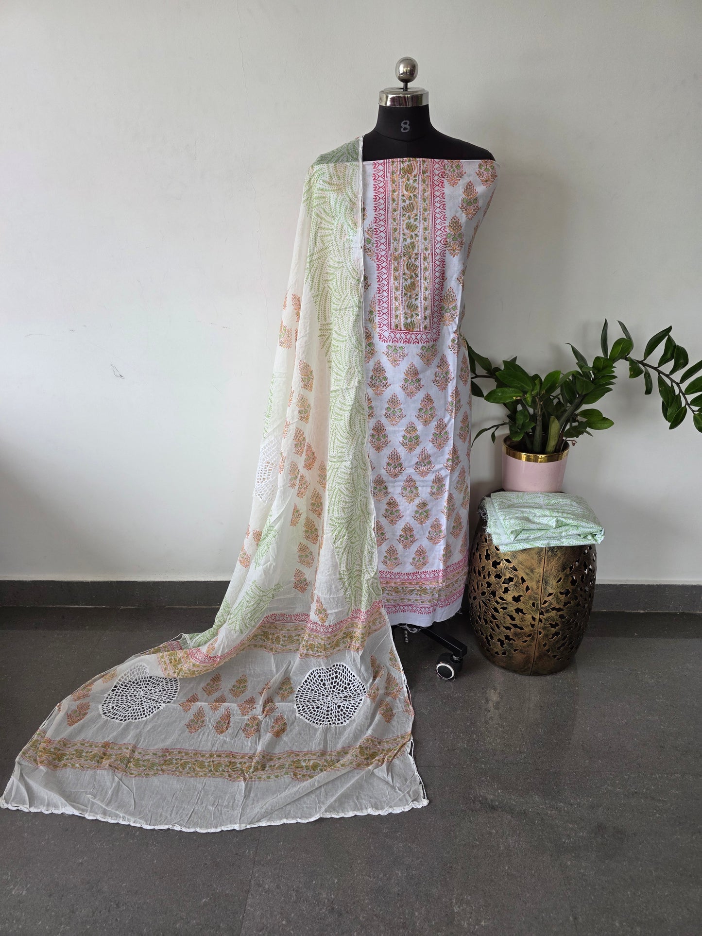 Jaipuri cotton block printed salwar set with crochet work duppatta - AS98
