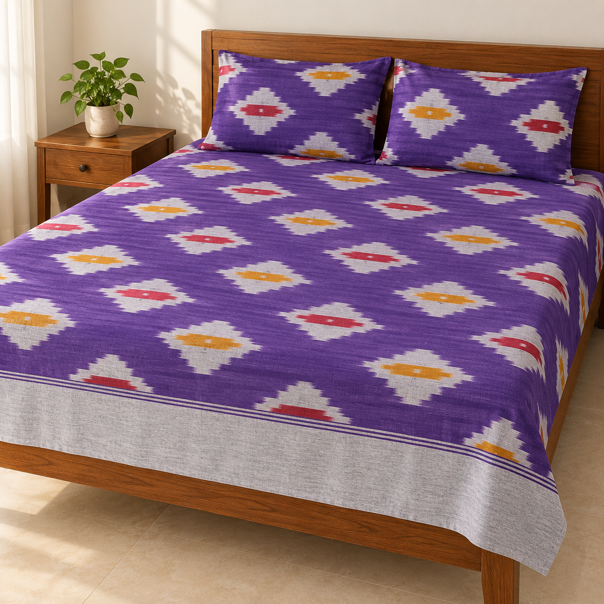 Warp ikkat bed sheets (90*108 2/40s bedsheet with pillow) -WW671