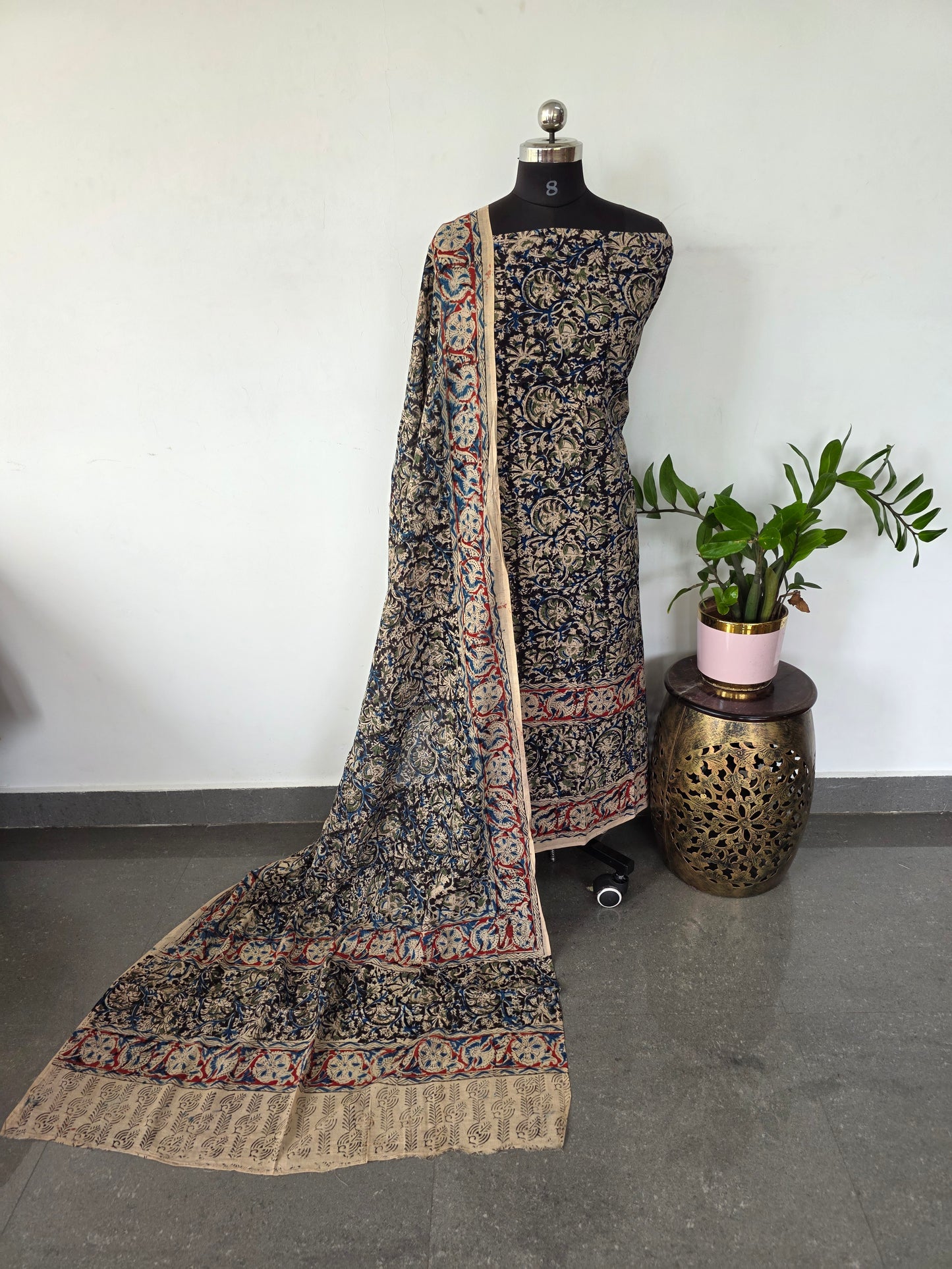 Handblock pure kalamkari cotton with border ( 2 pc set )- AK185