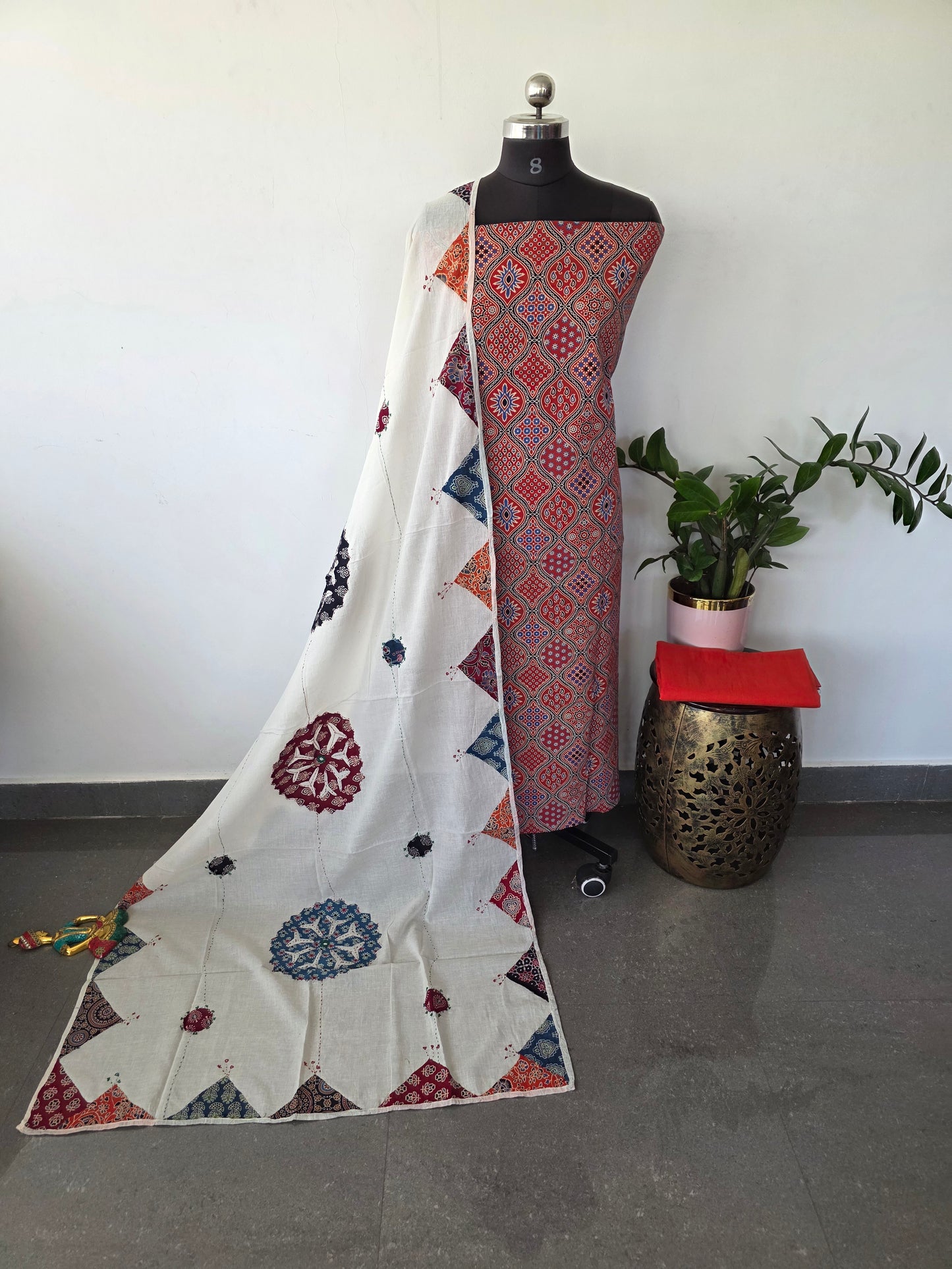 Handcrafted ajrakh cotton top with applique cotton shawl - BAA49