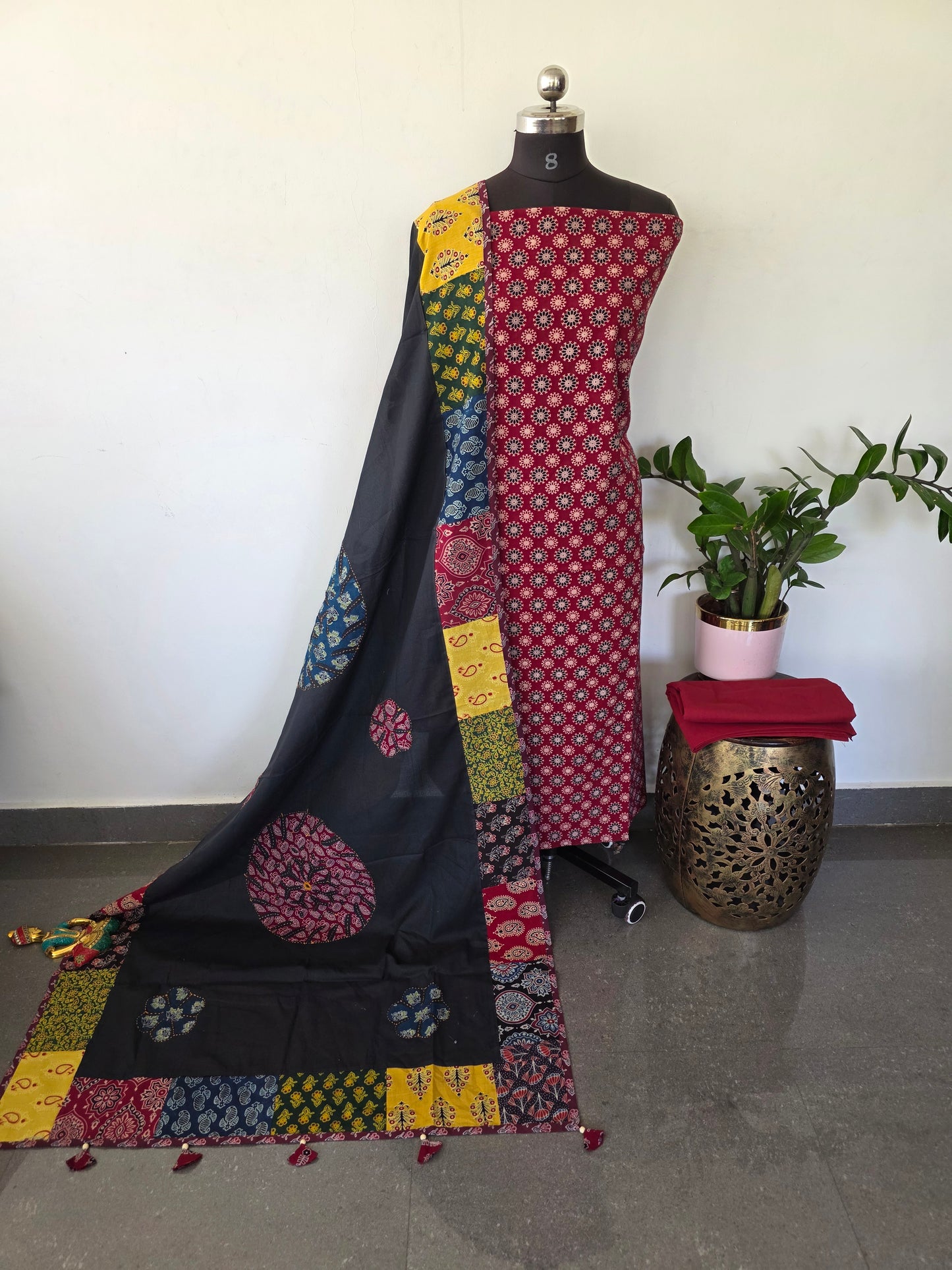 Handcrafted ajrakh cotton top with applique cotton shawl - BAA26