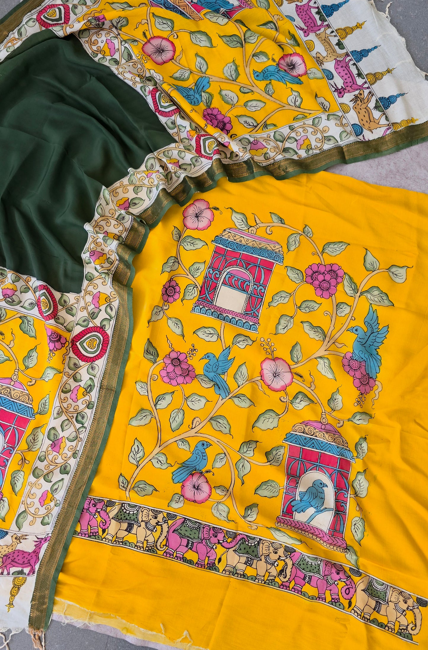 Handcrafted Kalahasthi Penkalamkari bangalore silk set - KH89