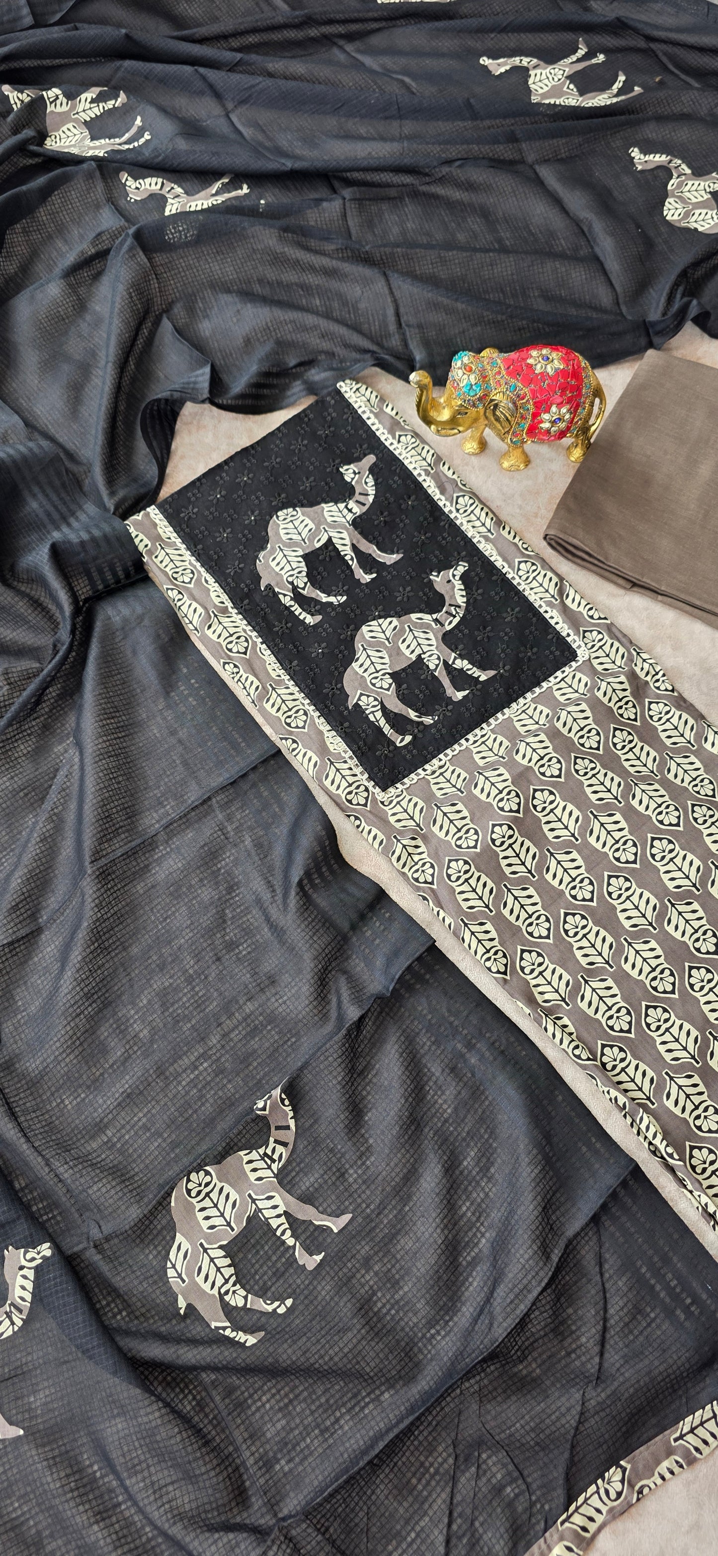 Premium Jaipuri cotton top with appliqué work - gray