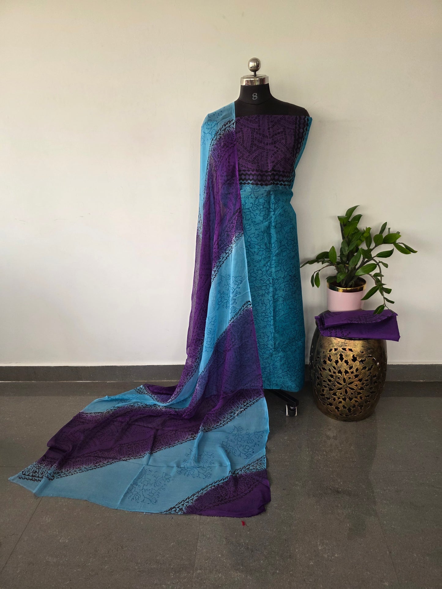 Supernet Handblock cotton with georgette shawl(with lining)- GE101