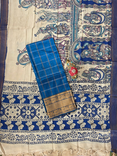 Handloom checked mangalagiri pattu top with chennuri kalamkari duppatta-AK617