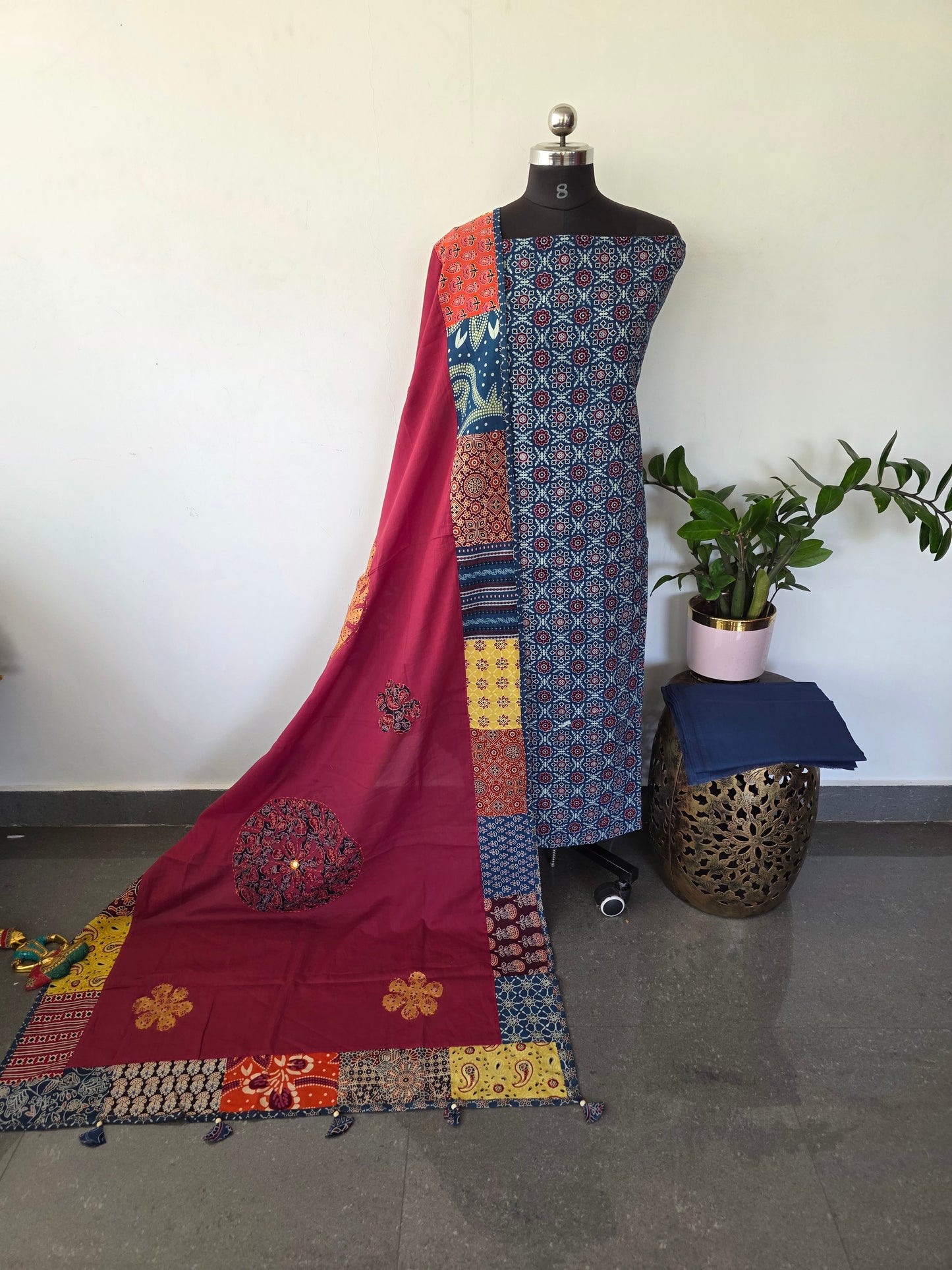 Handcrafted ajrakh cotton top with applique cotton shawl - BAA32