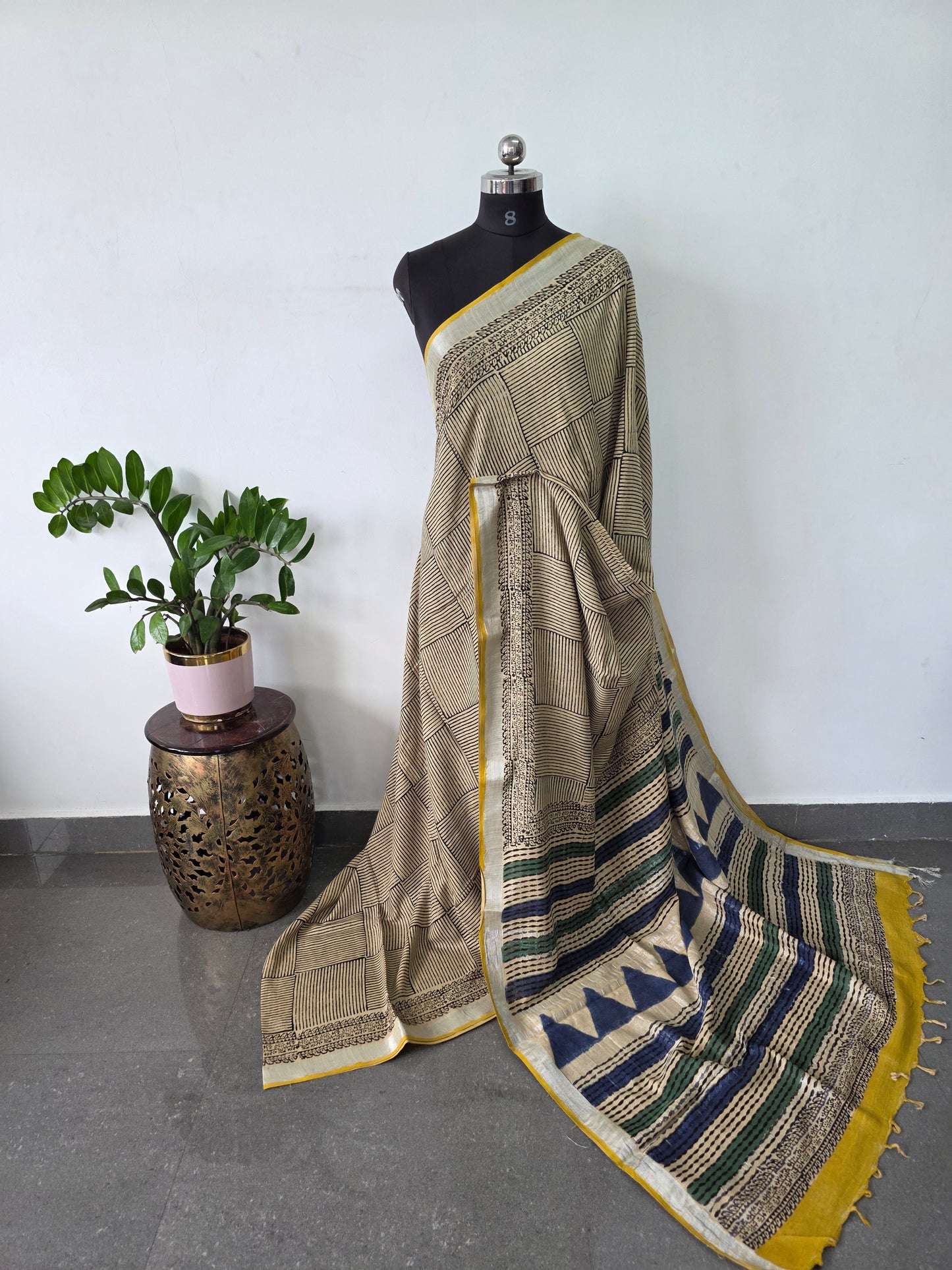Handblock Jaipuri linen cotton saree - JA821