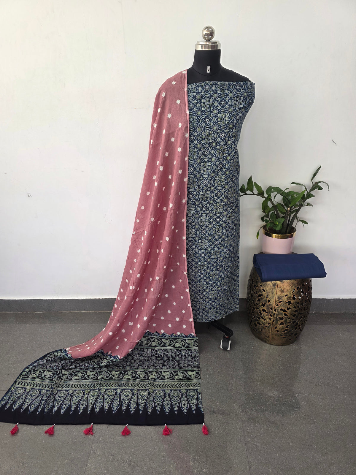 Handcrafted ajrakh cotton set with bandhini duppatta-HZ368