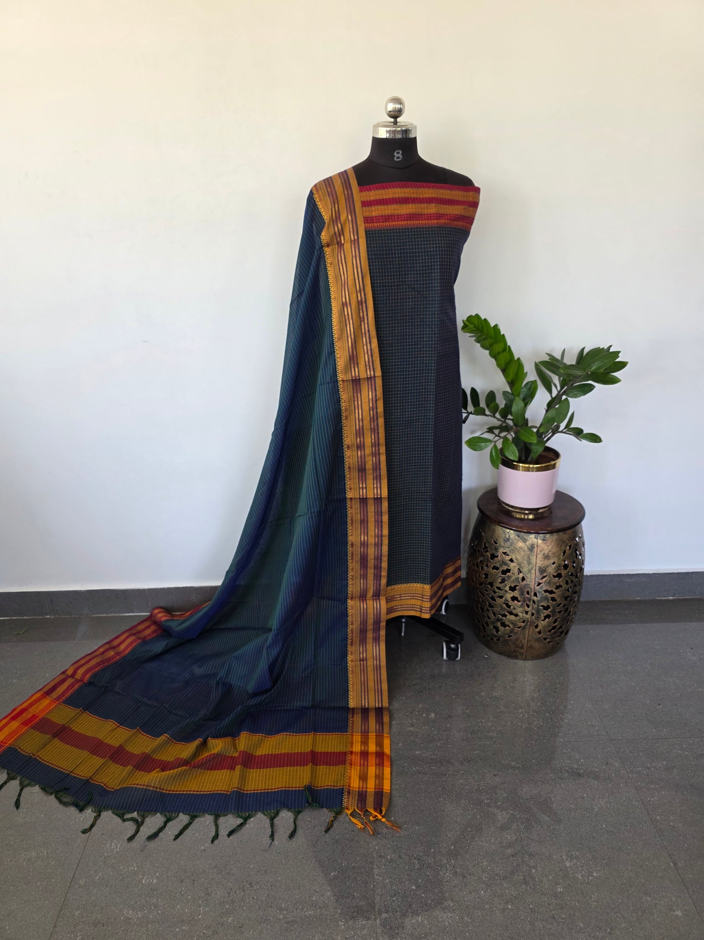 Mercerised checked narayanapet salwar set (peacock blue) (4.5 meters) - NA39