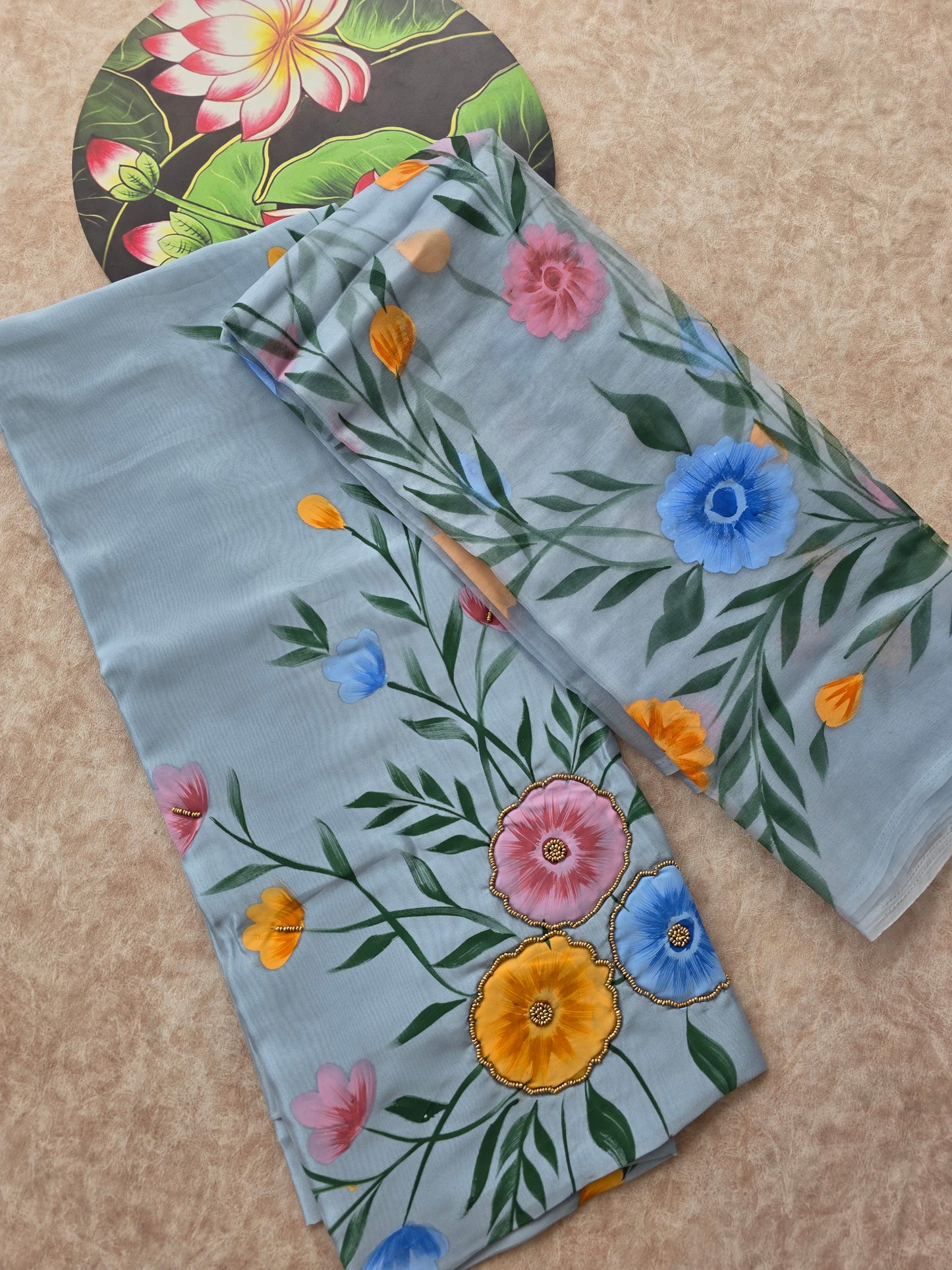 Premium handpainted soft organza silk top with handwork embroidery -CLA219
