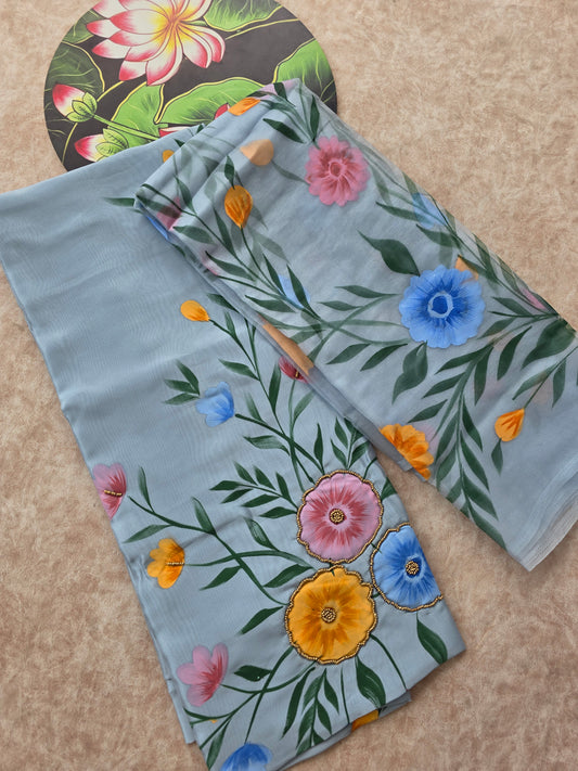 Premium handpainted soft organza silk top with handwork embroidery - 4