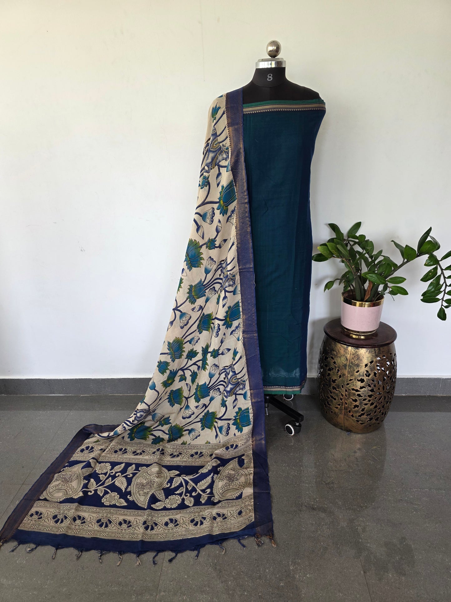 Fusion Narayanapet with handcrafted chennuri silk kalamkari duppatta - NA514
