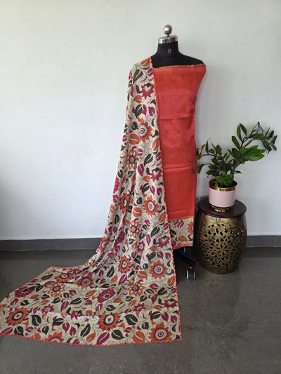 Handloom fusion mangalagiri kalamkari gap border silk salwar set - AK278