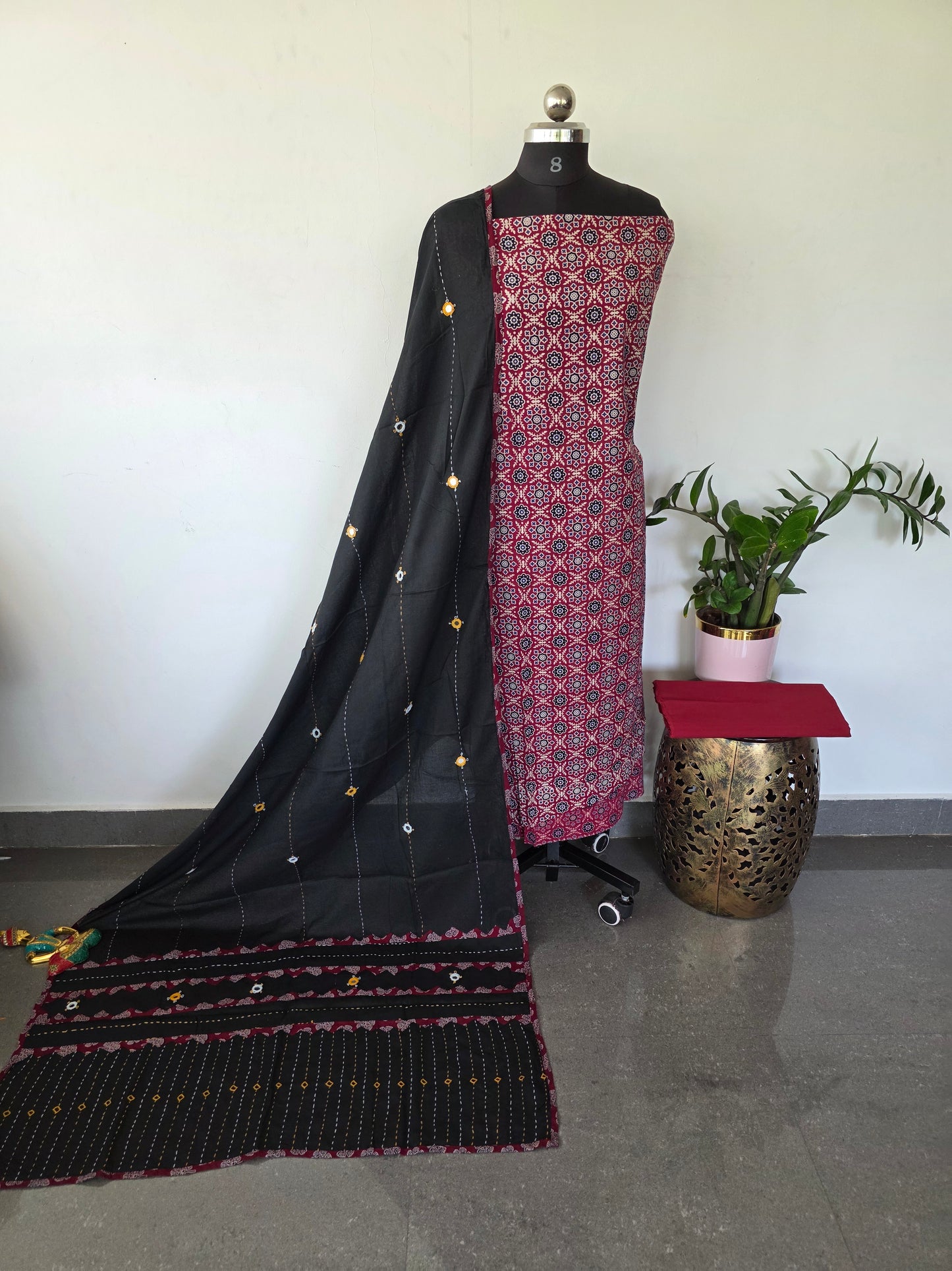 Handcrafted ajrakh cotton top kantha with mirror work cotton shawl - BAA52