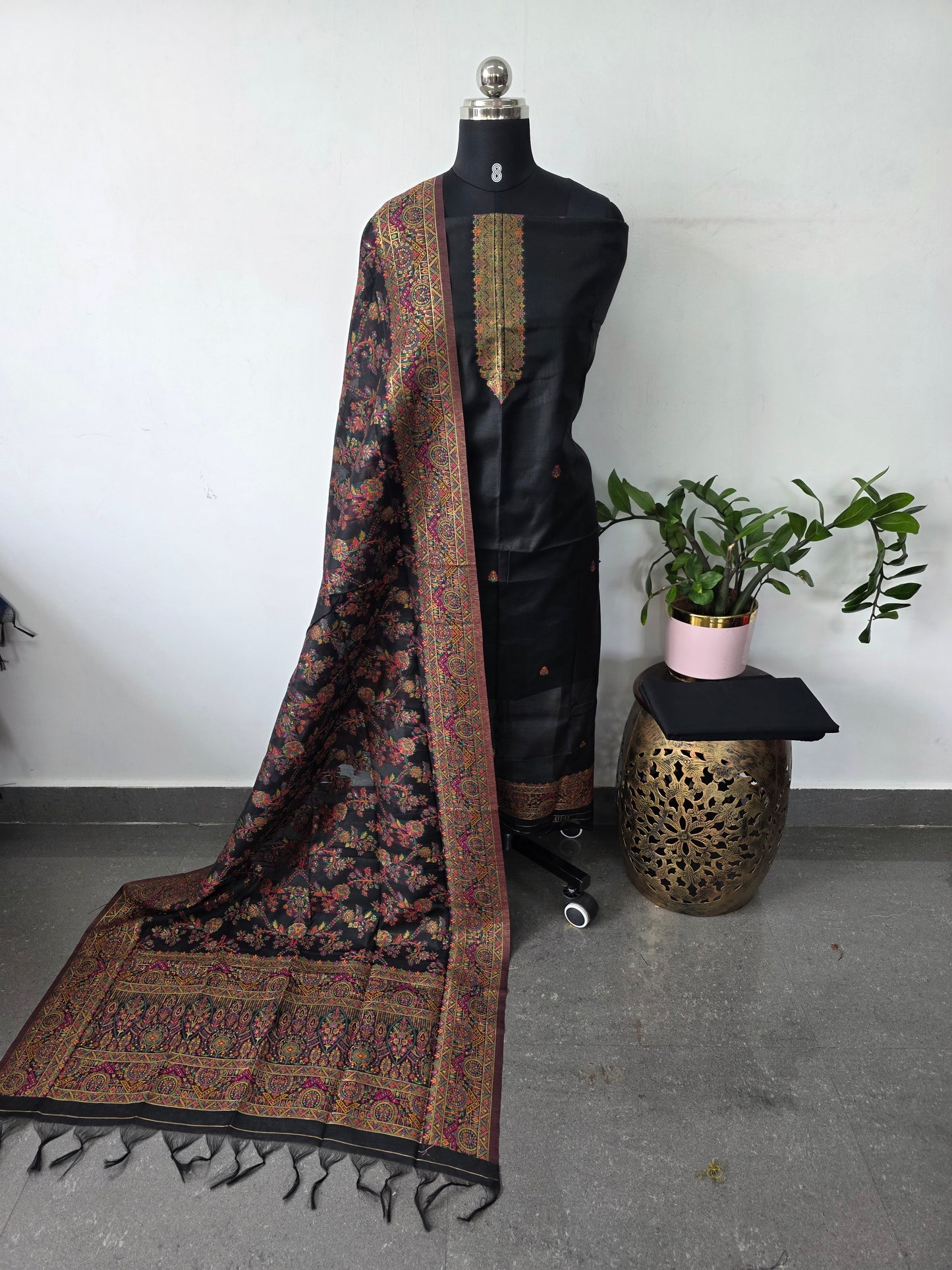 Premium silk cotton jamdhani set(black)-AV355