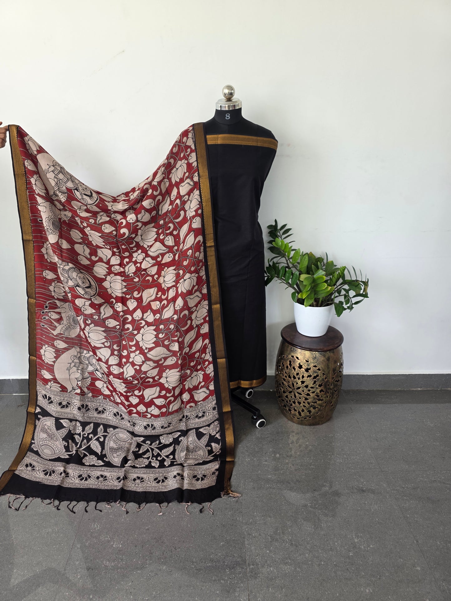 Premium mangalagiri cotton top with pure kalamkari silk shawl - MK18