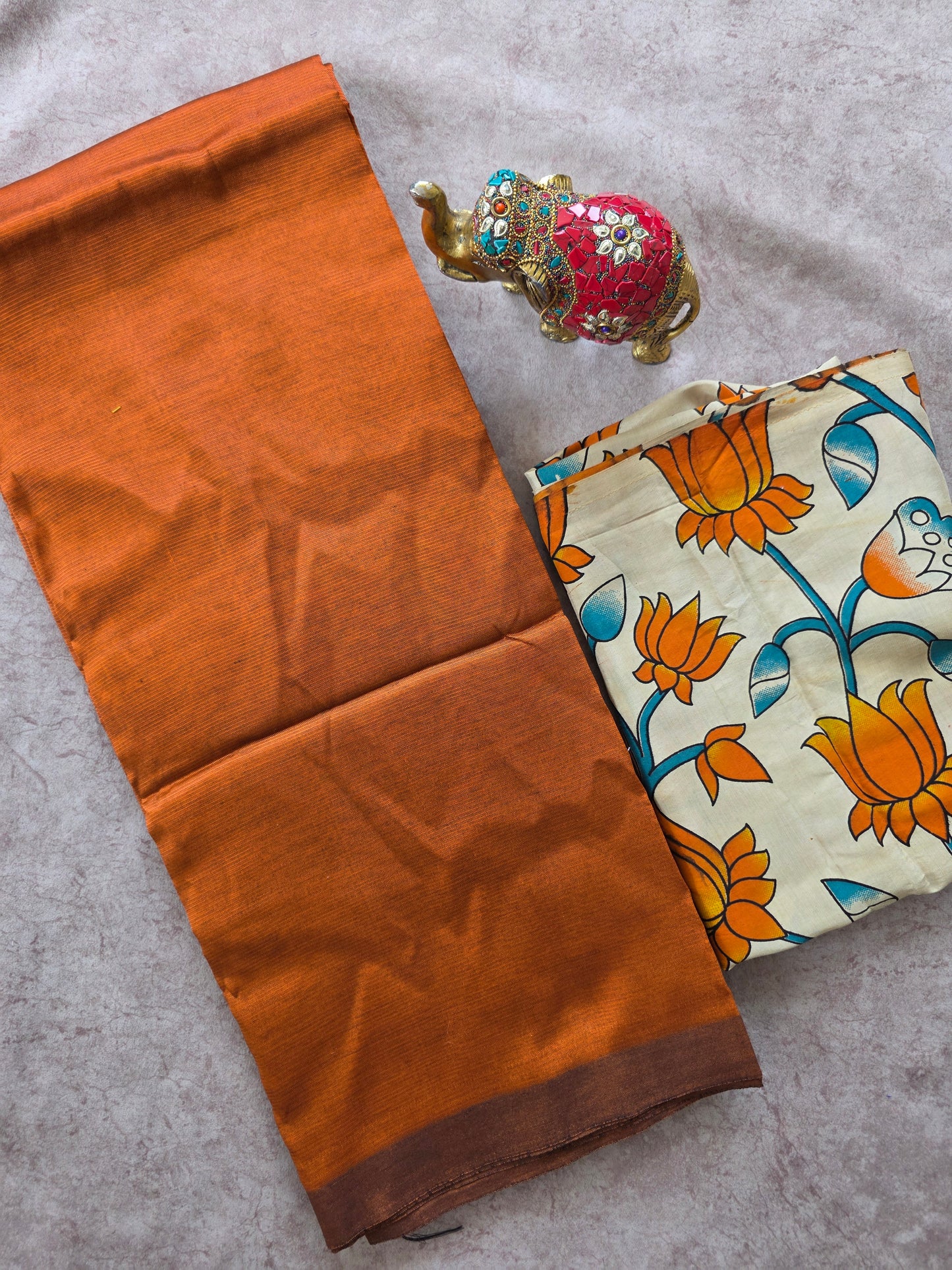 Premium plain semi mangalagiri pattu saree kalamkari silk blouse- MAA175