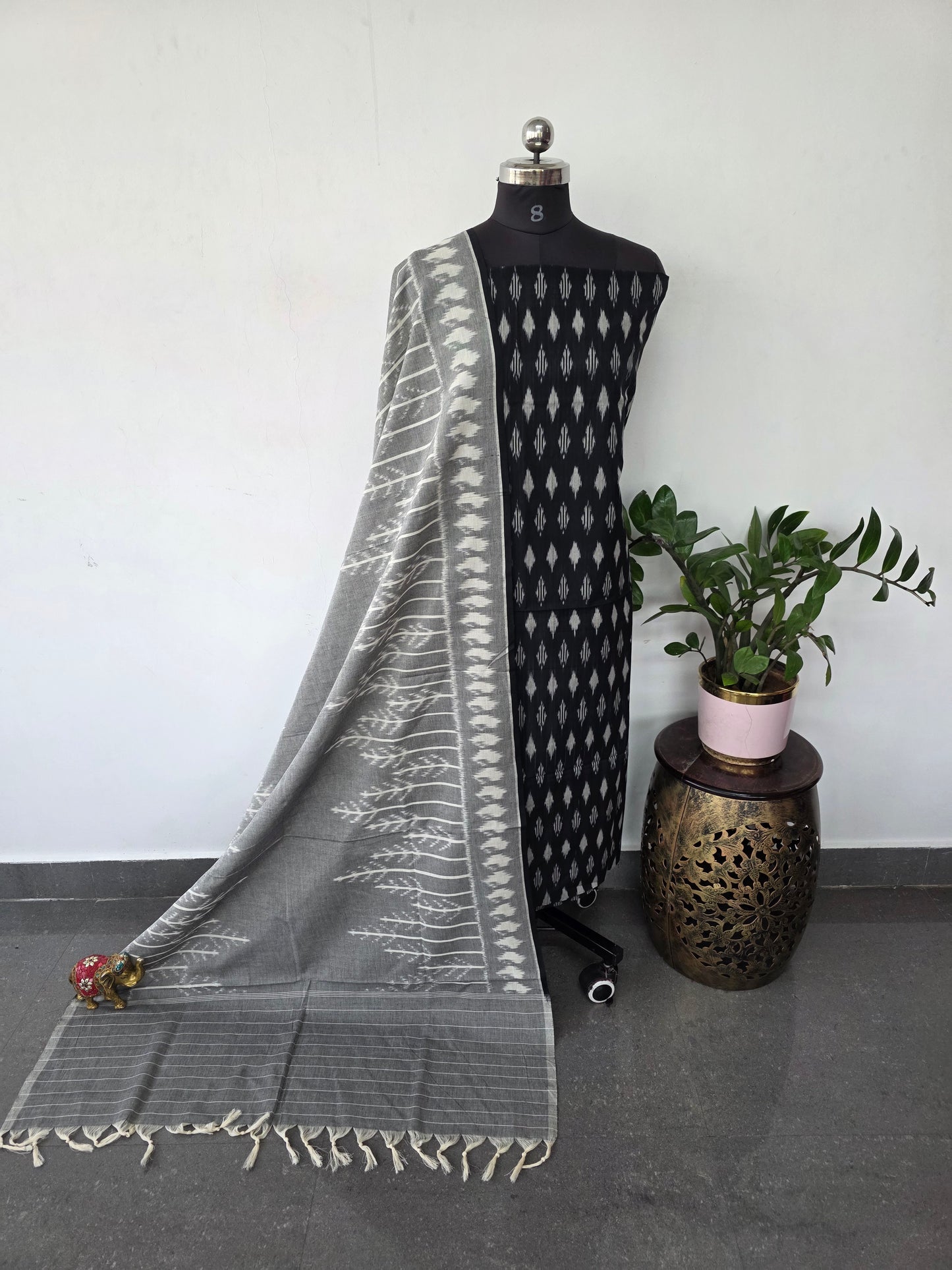 Handloom Mercerised ikkat cotton salwar set (black) - KK255