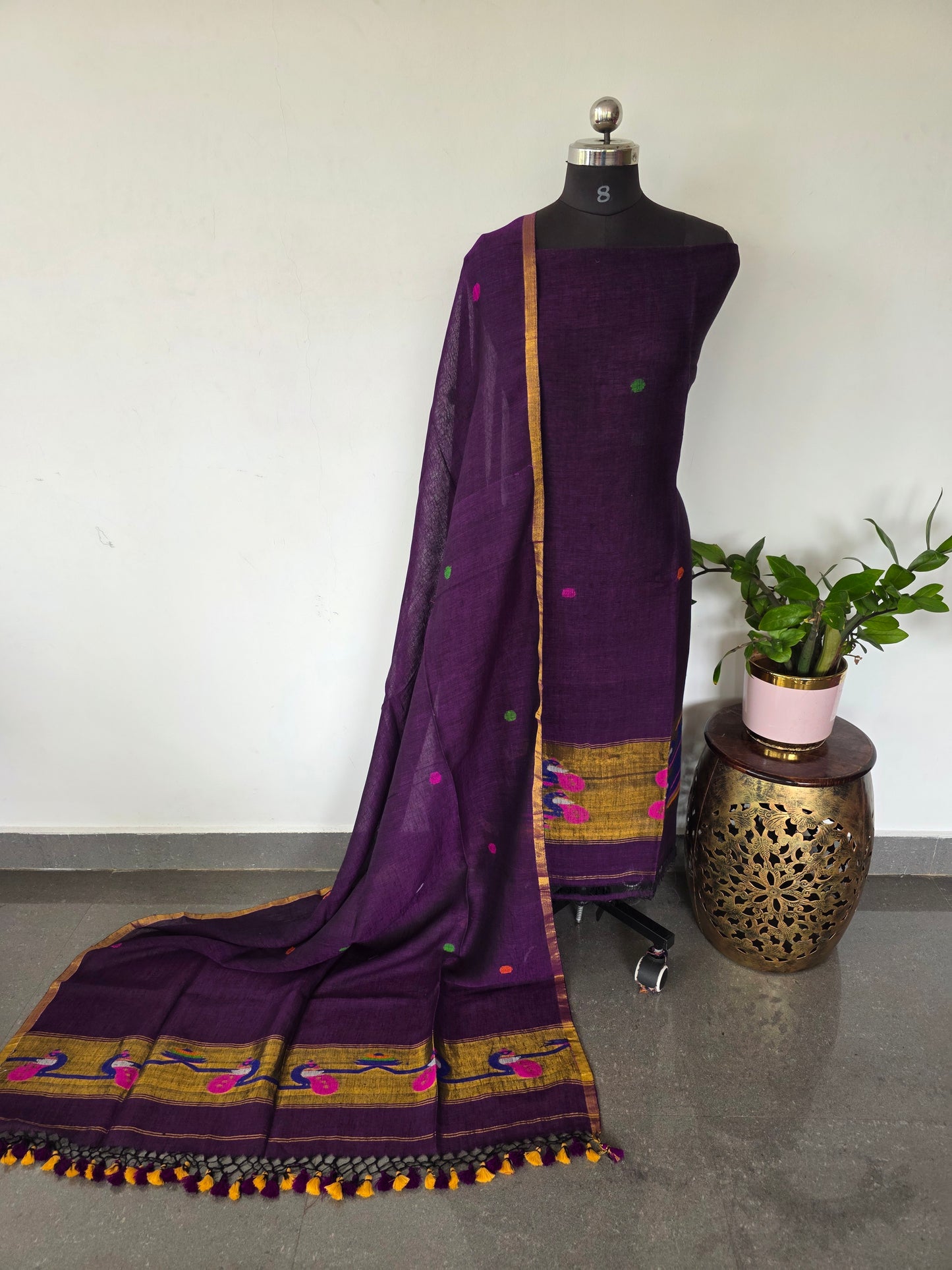 Premium handloom linen Paithani jamdhani set - JMM331