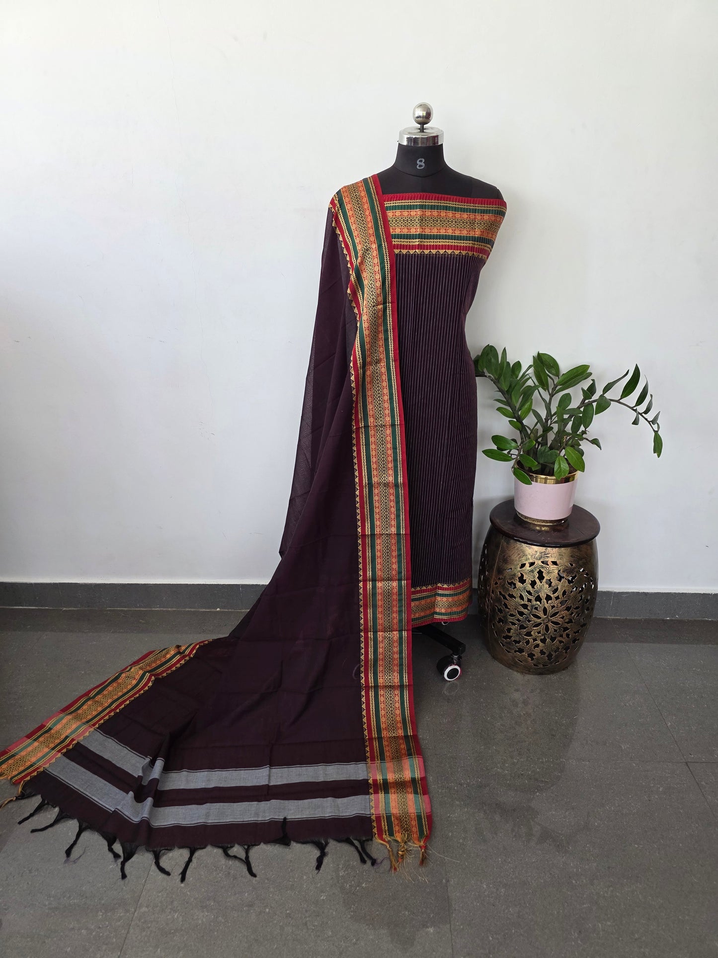 Mercerised stripes narayanapet salwar set (4.5 meters)(brown)- NA427