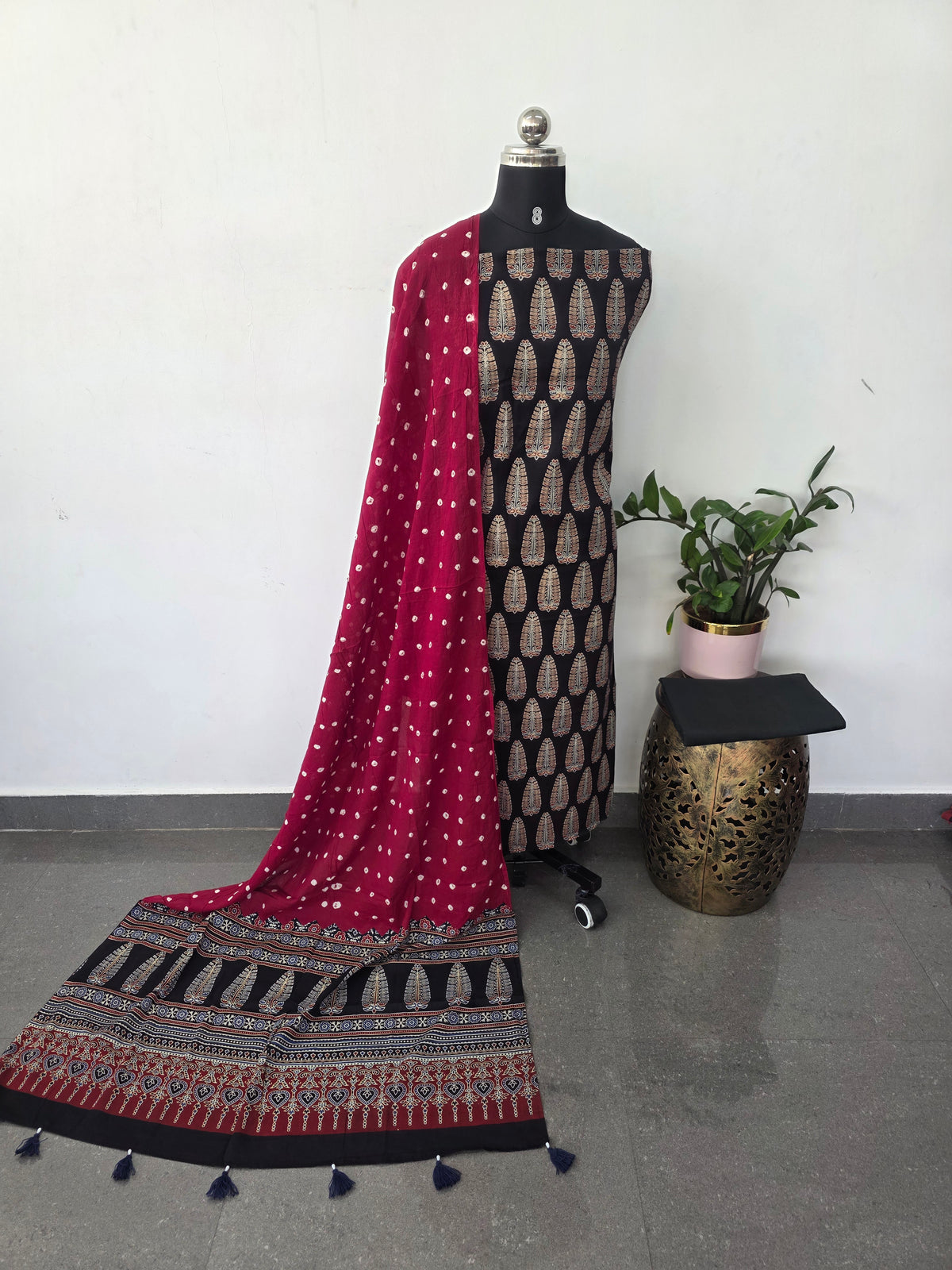 Handcrafted ajrakh cotton set with bandhini duppatta(Black)-HZ371