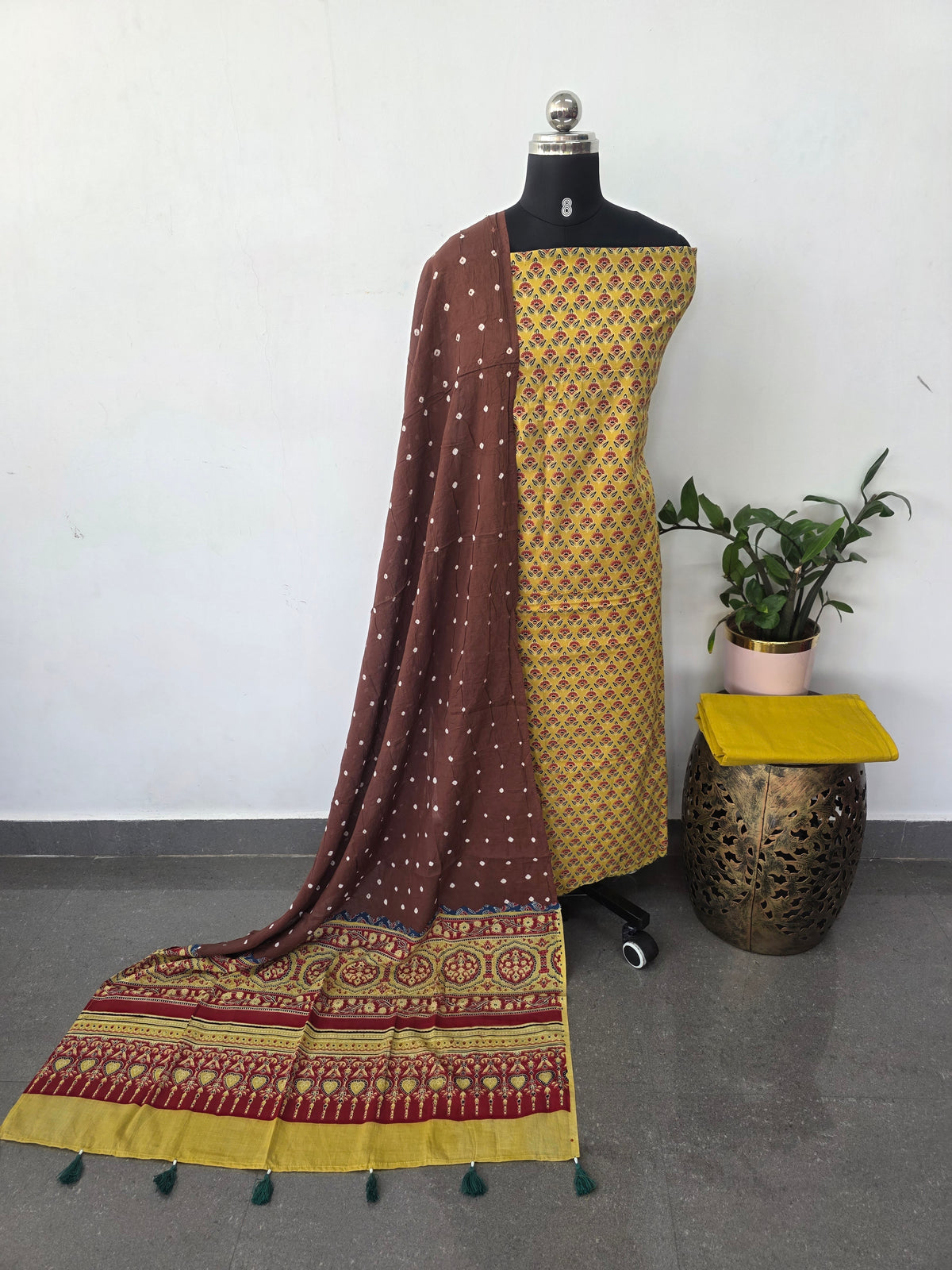 Handcrafted ajrakh cotton set with bandhini duppatta-HZ373