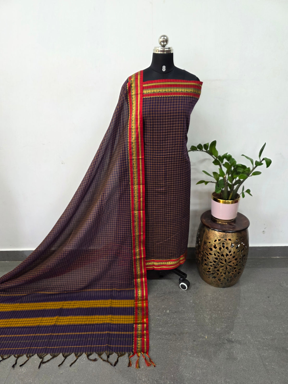 Checked Mercerised narayanapet salwar set (4.5 meters)(Blue)-NA700