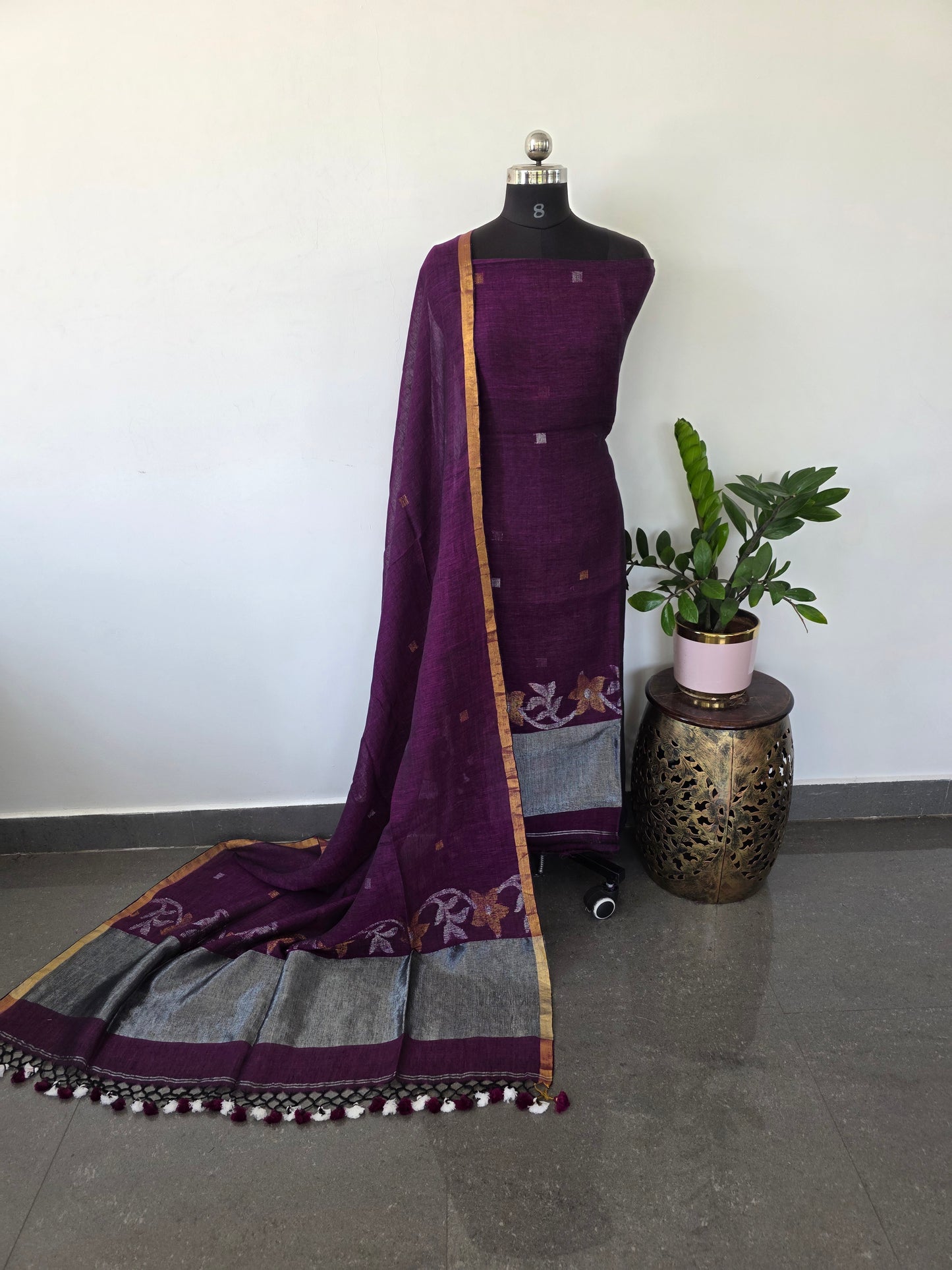 Premium handloom linen jamdhani with tissue border set - JMM16
