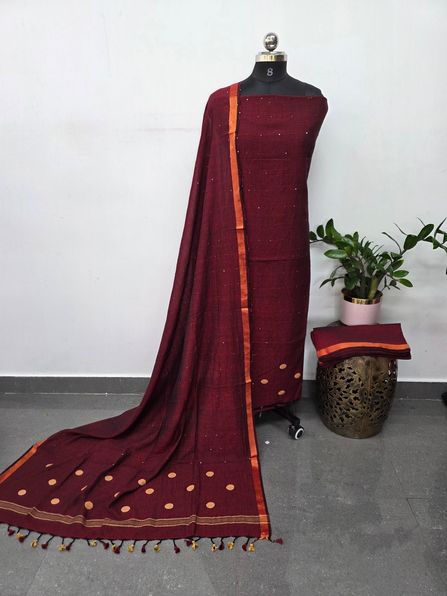 Handloom sequence linen jamdhani set (3 pcs set)-JMM411