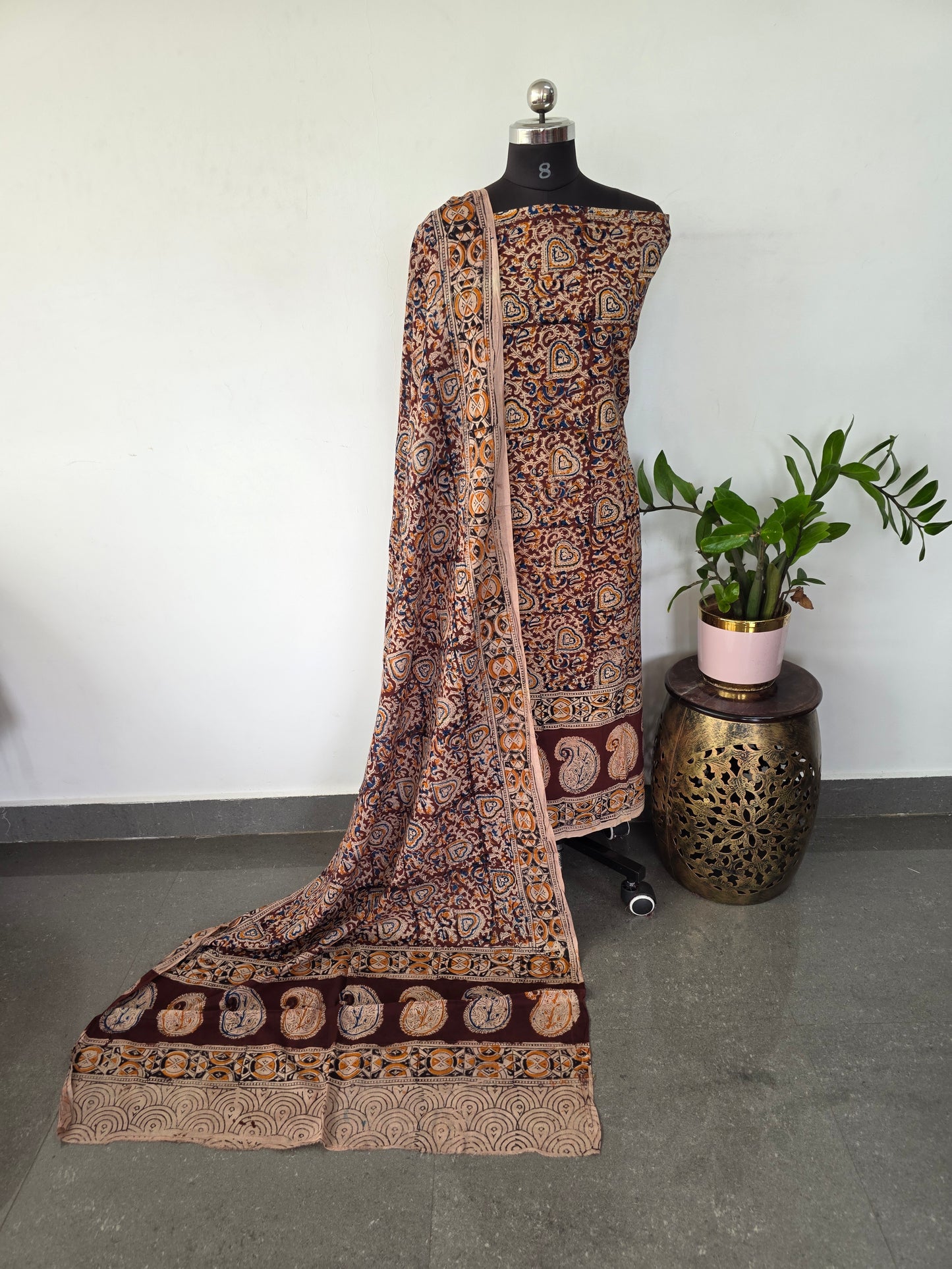 Handblock pure kalamkari cotton with border ( 2 pc set )- AK179