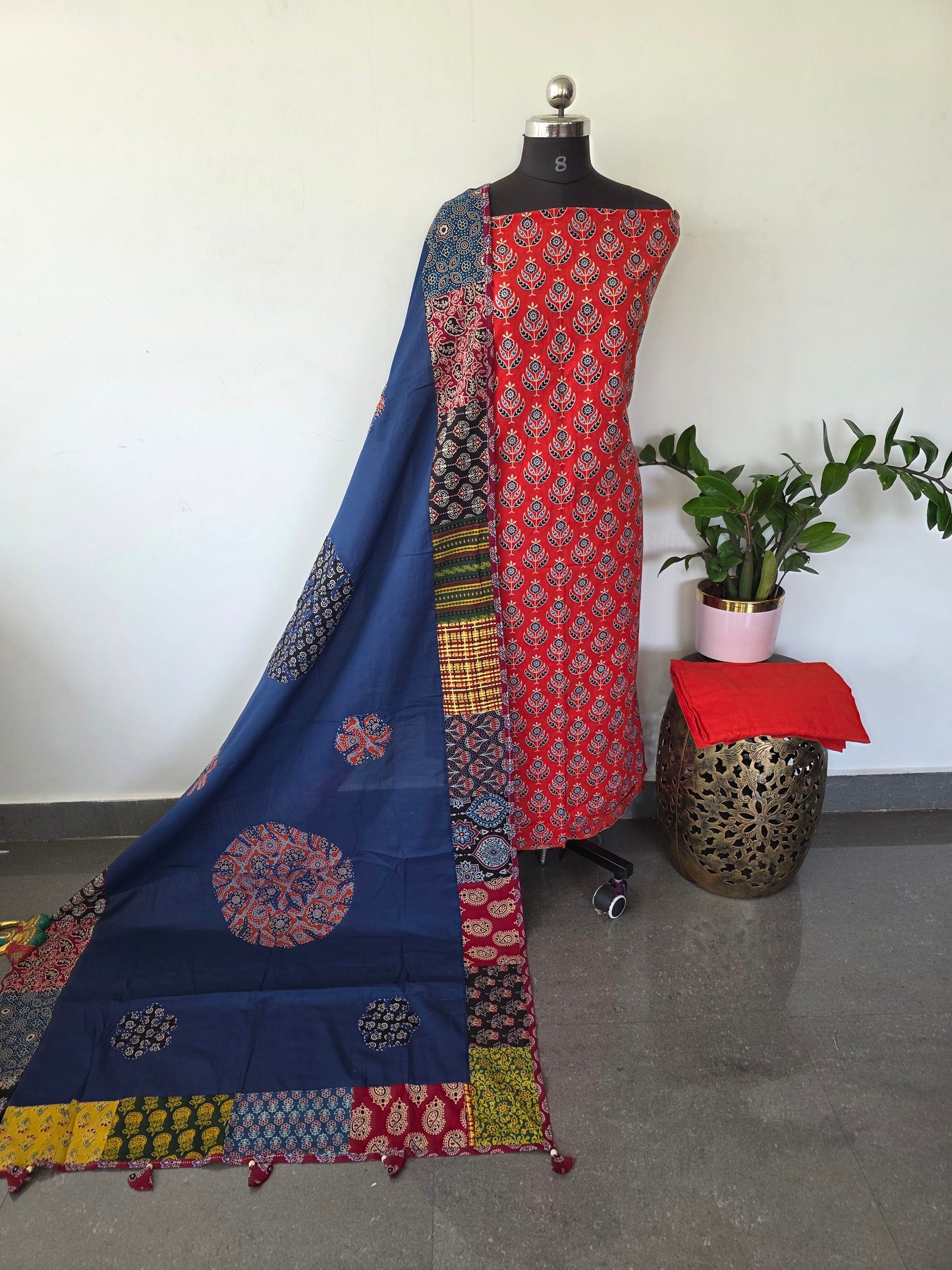 Handcrafted ajrakh cotton top with applique cotton shawl - BAA42