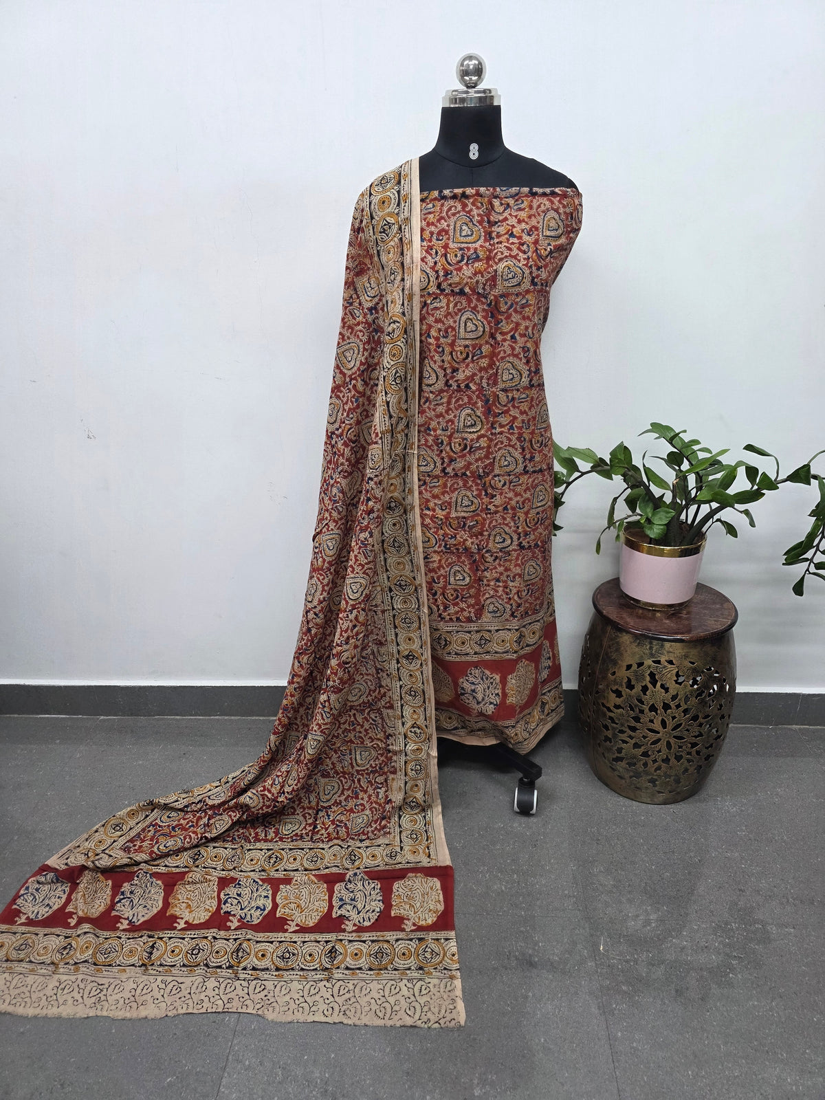 Handblock pure kalamkari cotton with border (2 pc set) - AK515
