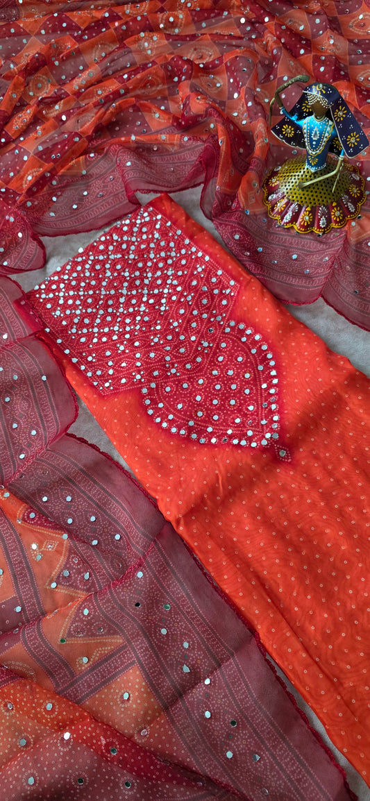 Party wear mirror bandhani organza set [ with lining[ - orange