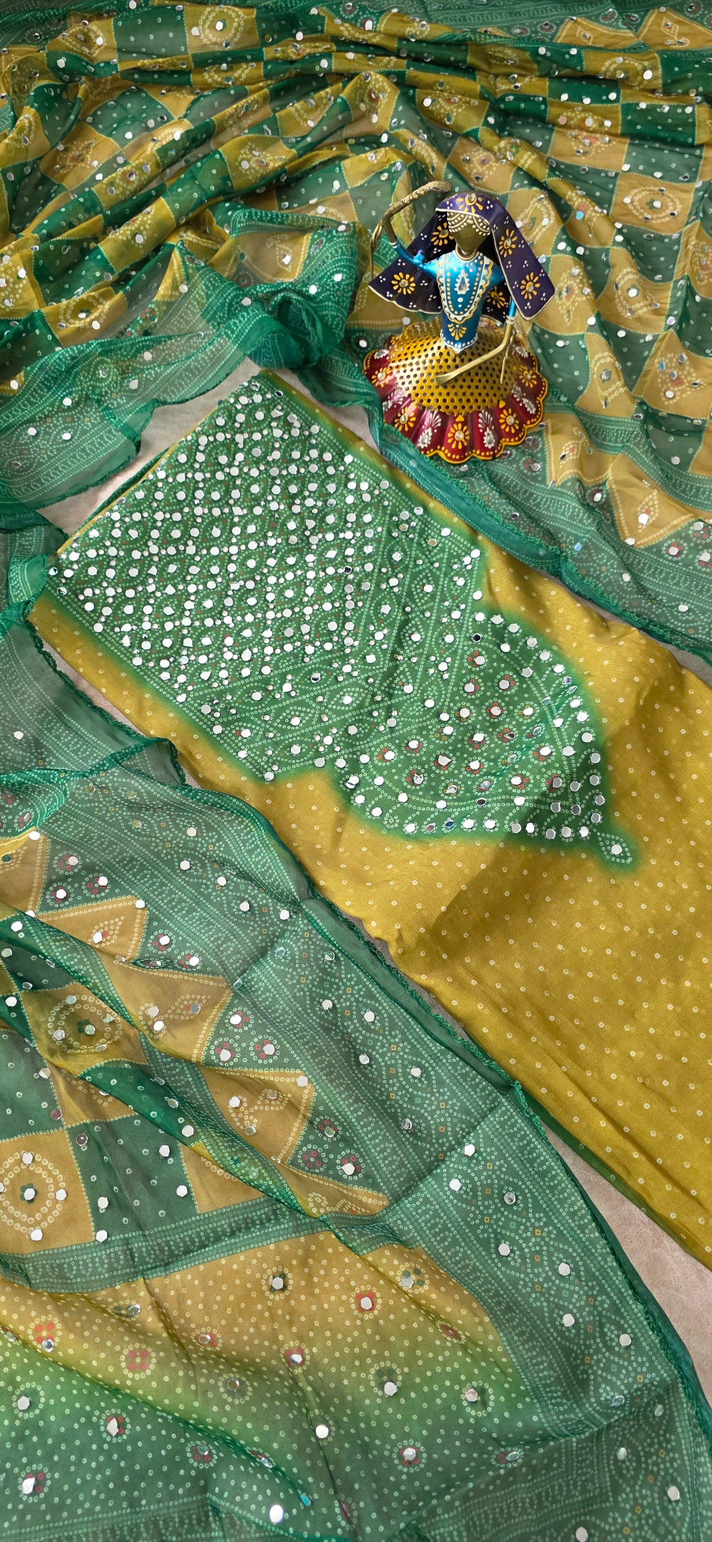 Party wear mirror bandhini organza set [ with lining ] - green